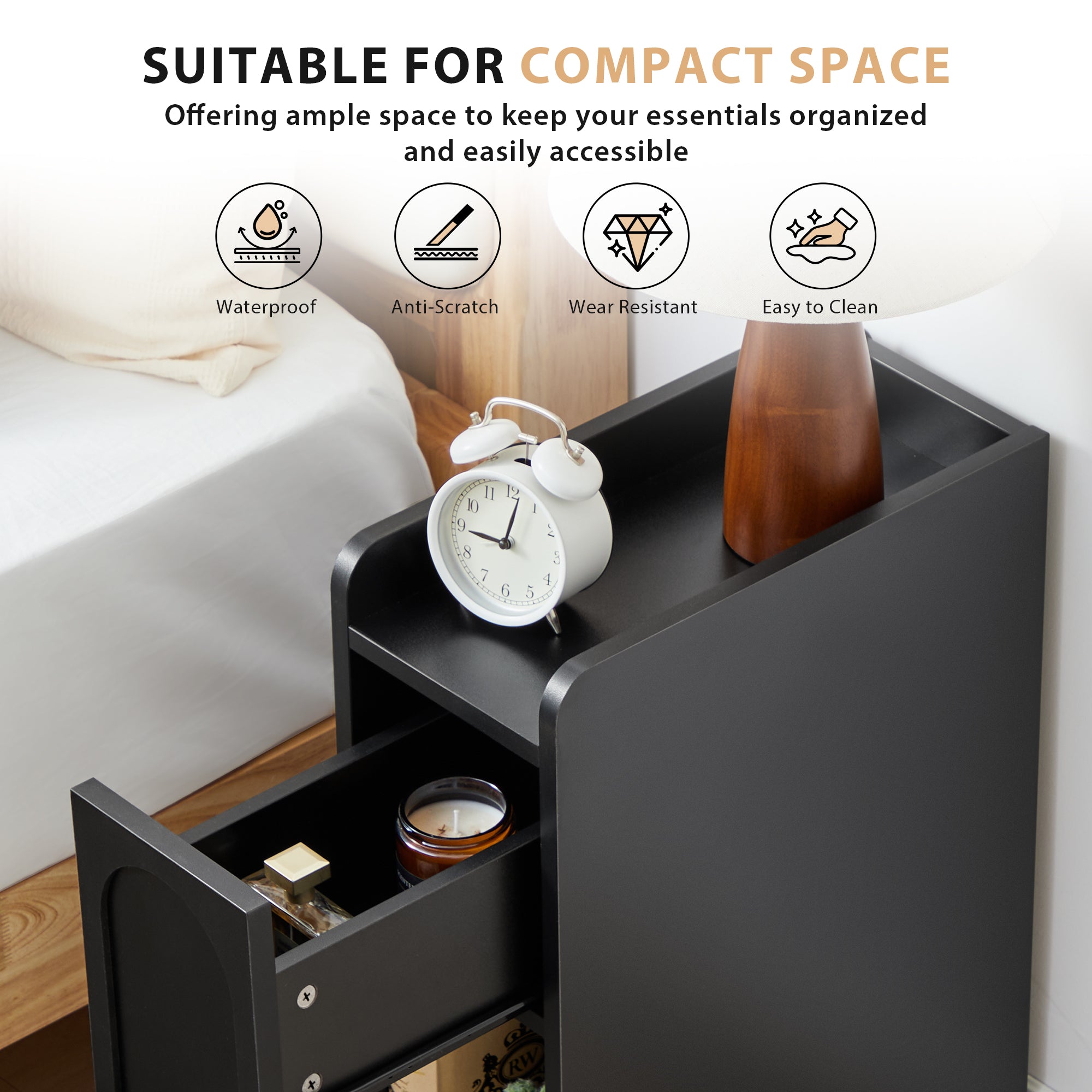 7.87" Ultra Narrow Nightstand Set of 2 with Drawer and Open Shelf, Arched Pattern Design Bedside Table for Bedroom