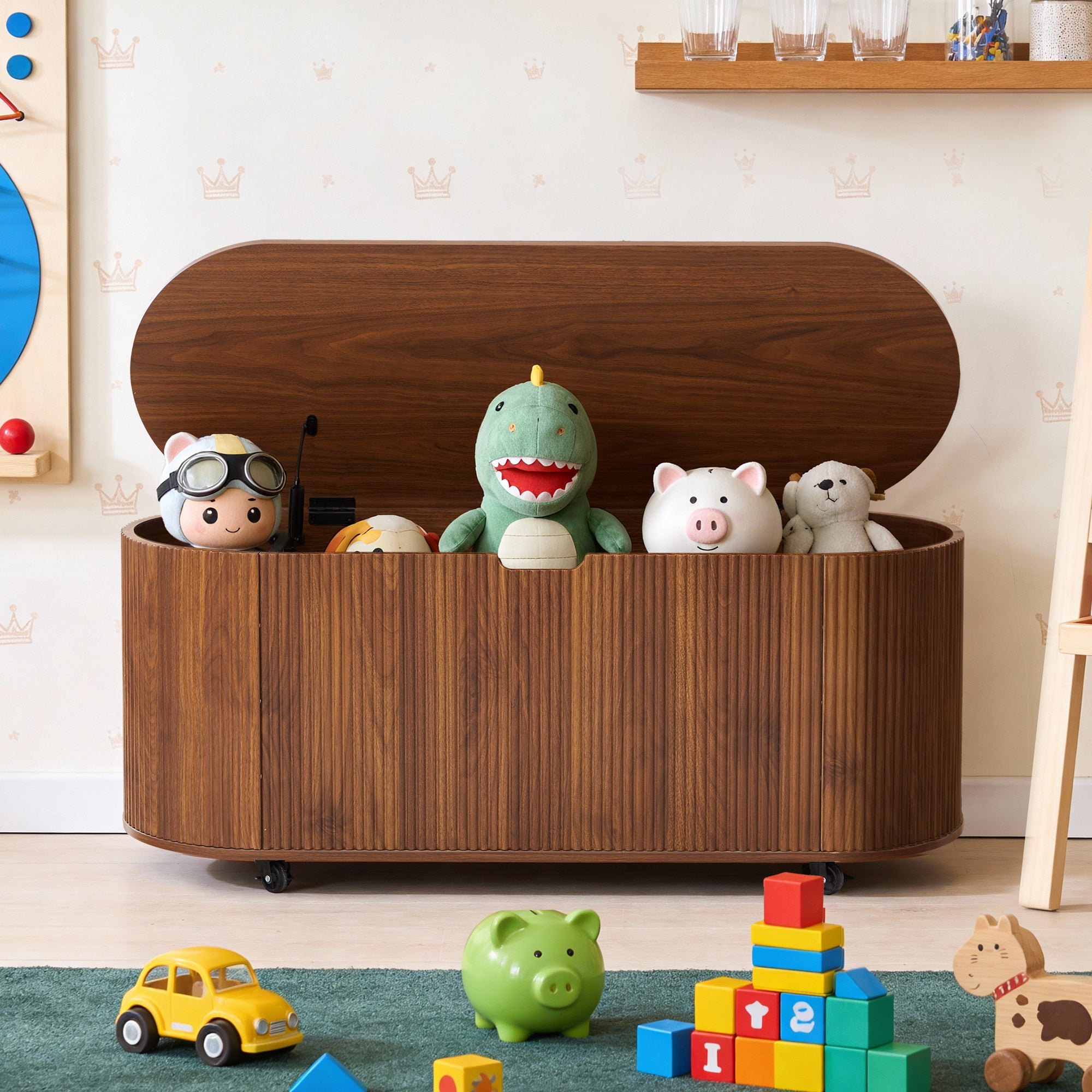 YOCWO Oval Storage Bench with Flip Top and Wheels, Fluted Wave Entryway Bench with Storage End of Bed Bench for Bedroom& Living Room