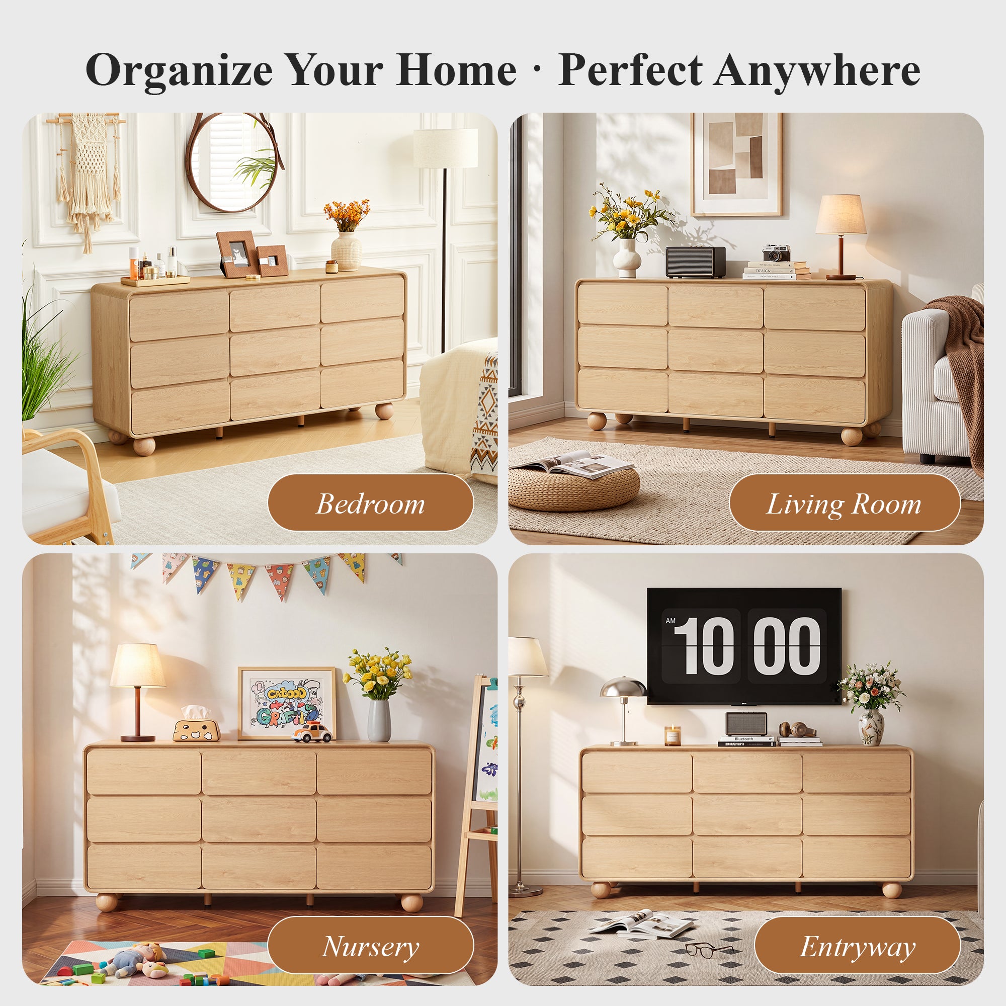 YOCWO 9 Drawer Dresser for Bedroom, Mid Century Chest of Drawers with Arc Edge and Round Leg, Wood Storage Large Dresser Organizer for Bedroom Living Room Hallway Closet