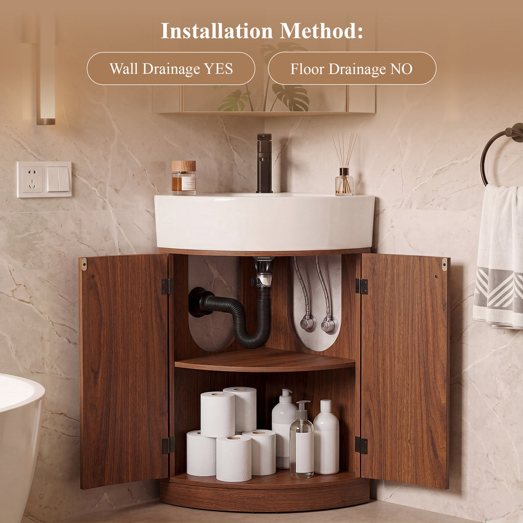 YOCWO Fluted Corner Bathroom Vanity with Sink,Freestanding Space-Saving Bathroom Vanity Sink Combo, Wall Drainage Only, Floor Drainage NO