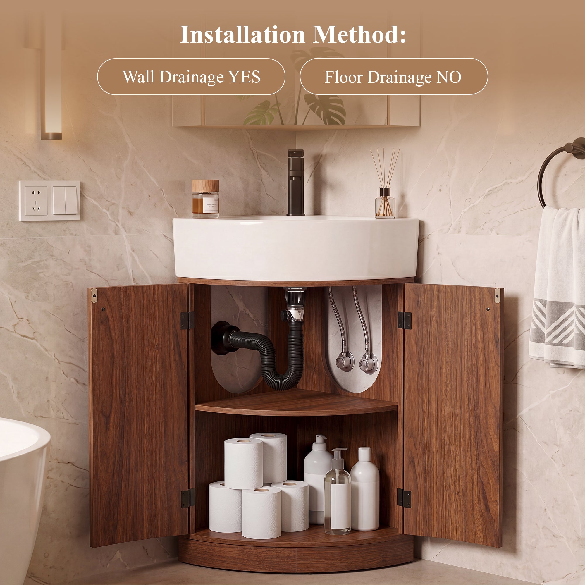 YOCWO Fluted Corner Bathroom Vanity with Sink,Freestanding Space-Saving Bathroom Vanity Sink Combo, Wall Drainage Only, Floor Drainage NO