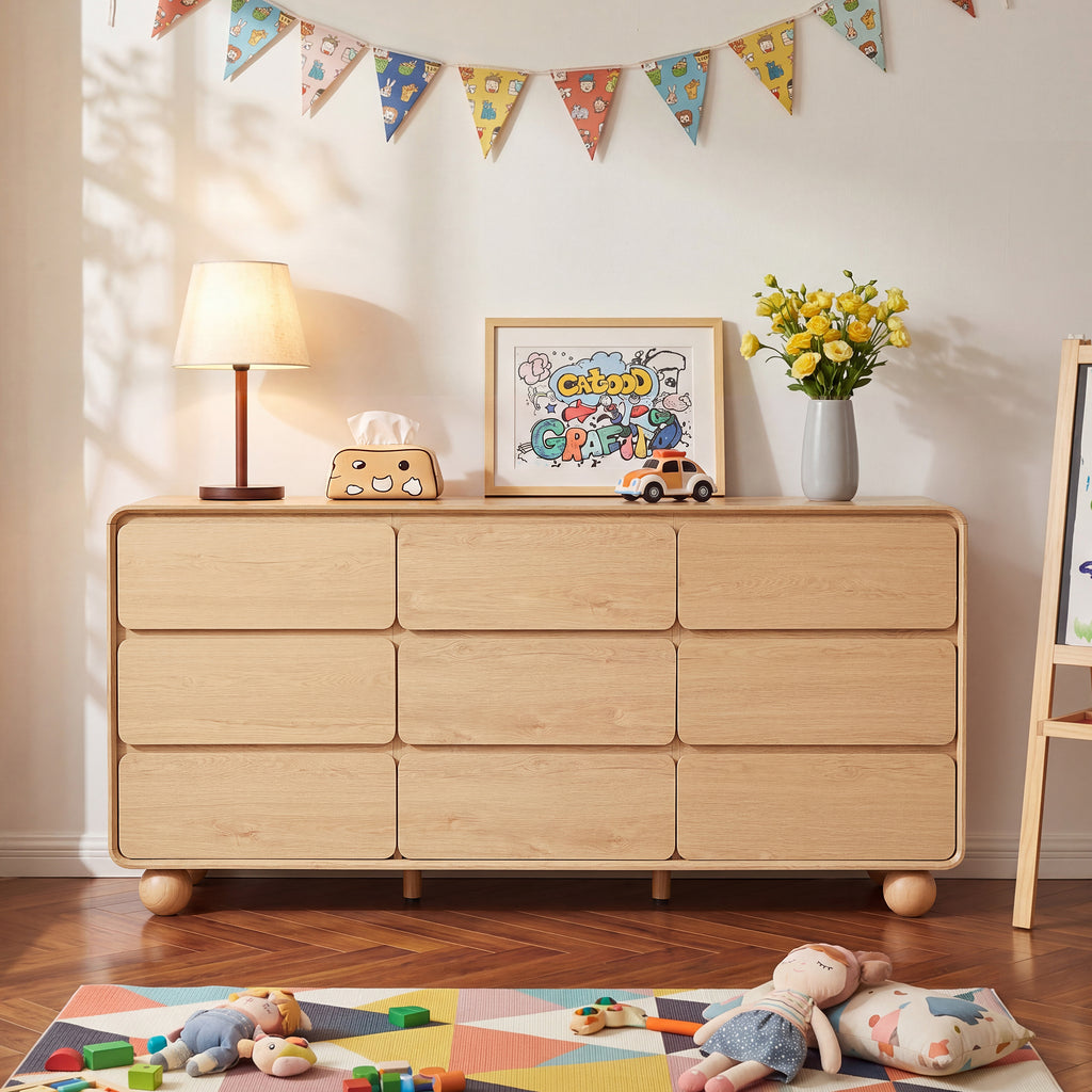 YOCWO 9 Drawer Dresser for Bedroom, Mid Century Chest of Drawers with Arc Edge and Round Leg, Wood Storage Large Dresser Organizer for Bedroom Living Room Hallway Closet