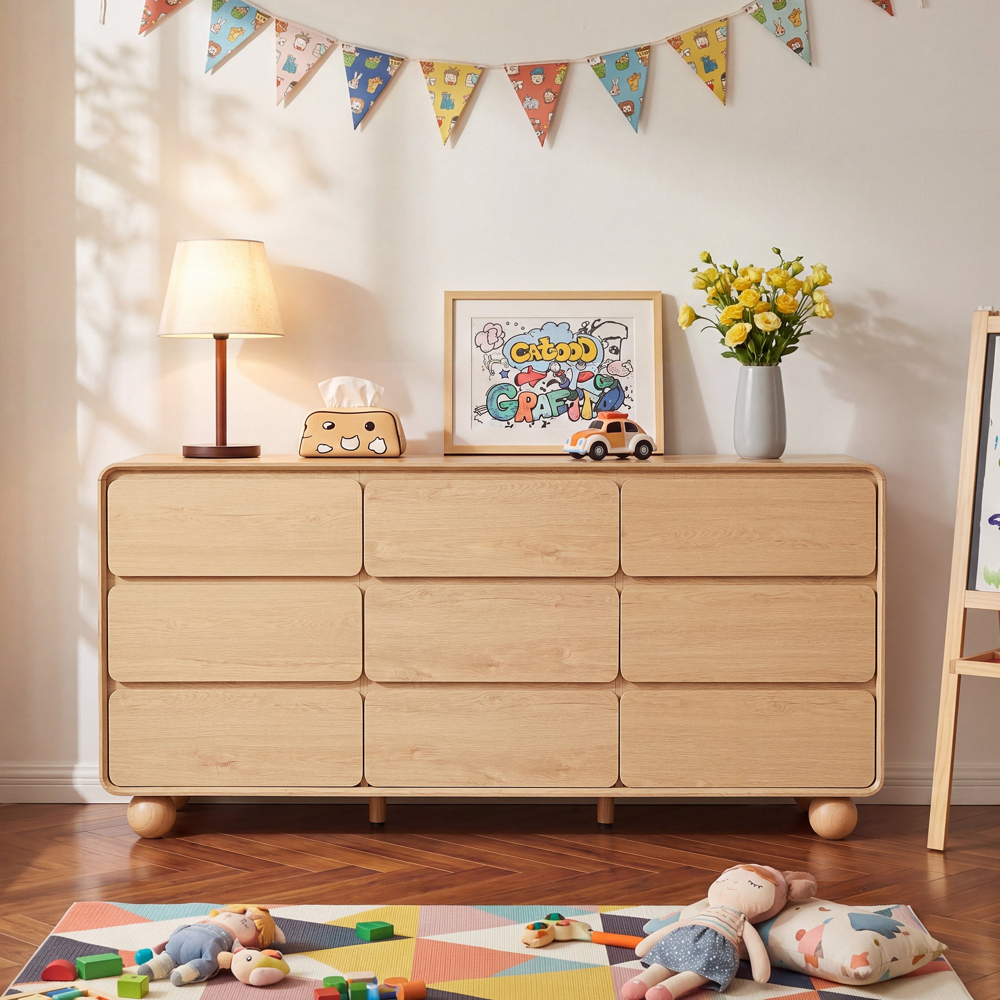 YOCWO 9 Drawer Dresser for Bedroom, Mid Century Chest of Drawers with Arc Edge and Round Leg, Wood Storage Large Dresser Organizer for Bedroom Living Room Hallway Closet