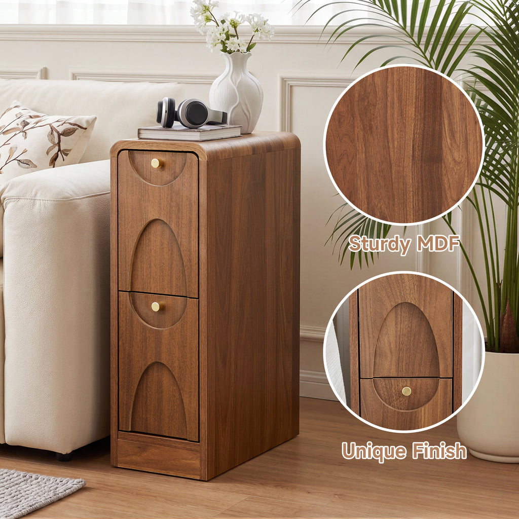 7.87" Ultra Narrow Nightstand with 2 Drawer, Slim End Table with Arched Pattern Design Bedside Table for Bedroom