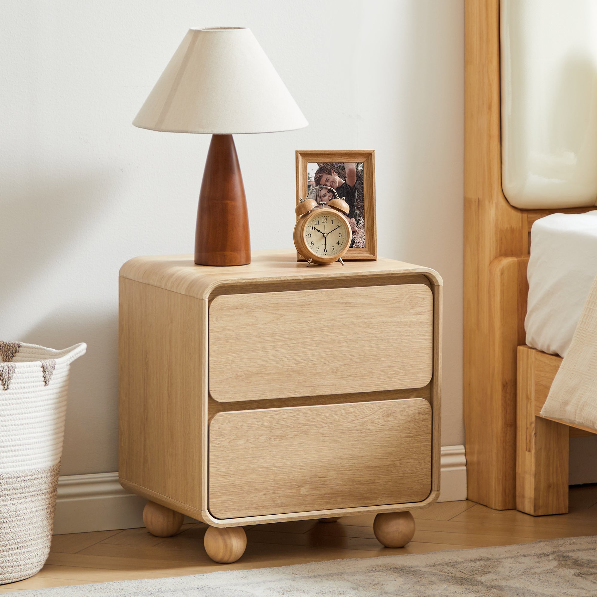 YOCWO 2 Drawer Nightstand for Bedroom, Mid Century Bedside Table with Arc Edge and Round Leg, Wood Storage Chest of Drawer Organizer for Bedroom Living Room Hallway Closet