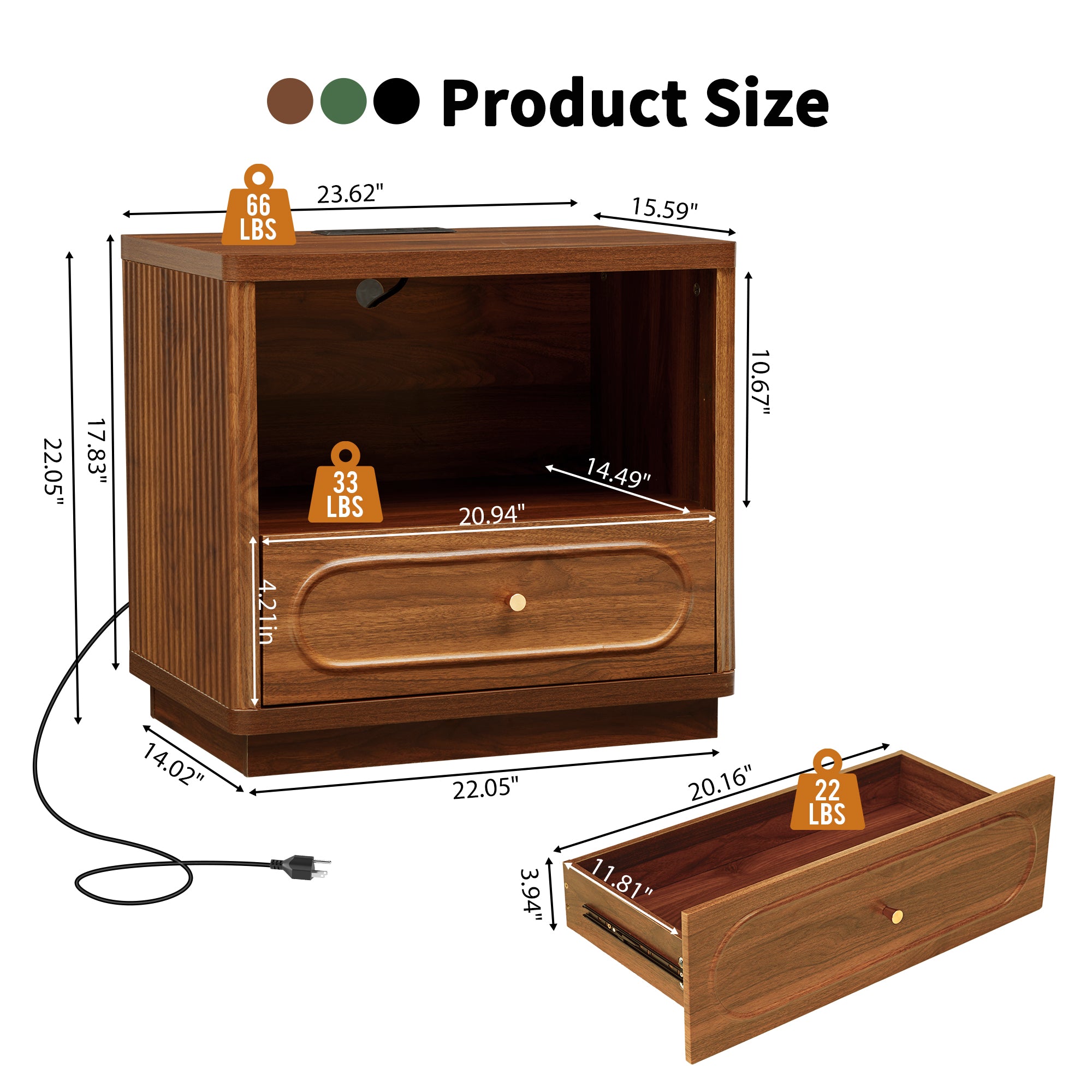 YOCWO Nightstand Set of 2 with Drawers and Charging Station for Bedroom, Mid Century Bedside Table with Open Shelf for Storage, Arched Drawer and Fluted Side