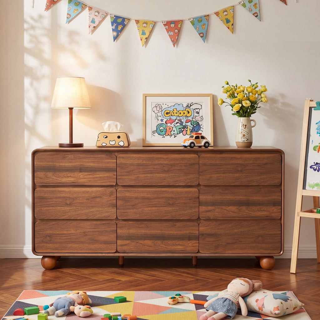 YOCWO 9 Drawer Dresser for Bedroom, Mid Century Chest of Drawers with Arc Edge and Round Leg, Wood Storage Large Dresser Organizer for Bedroom Living Room Hallway Closet