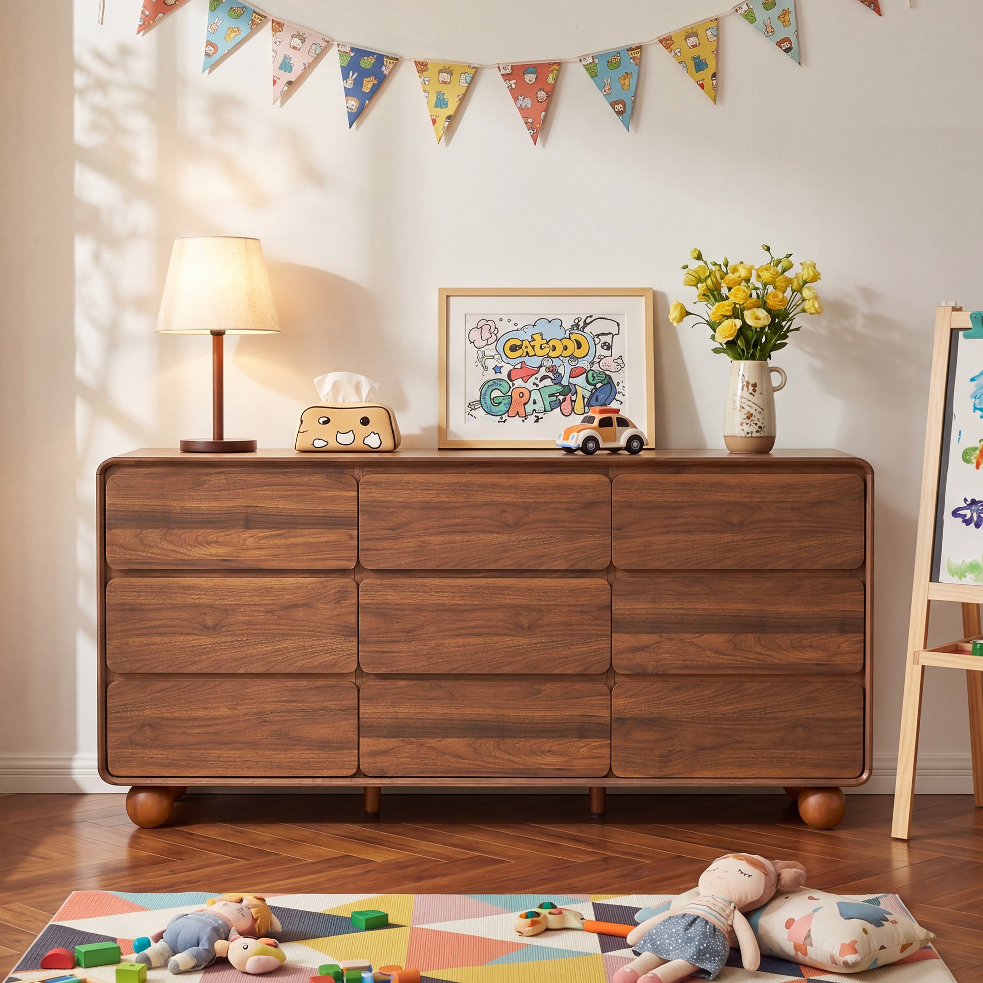 YOCWO 9 Drawer Dresser for Bedroom, Mid Century Chest of Drawers with Arc Edge and Round Leg, Wood Storage Large Dresser Organizer for Bedroom Living Room Hallway Closet