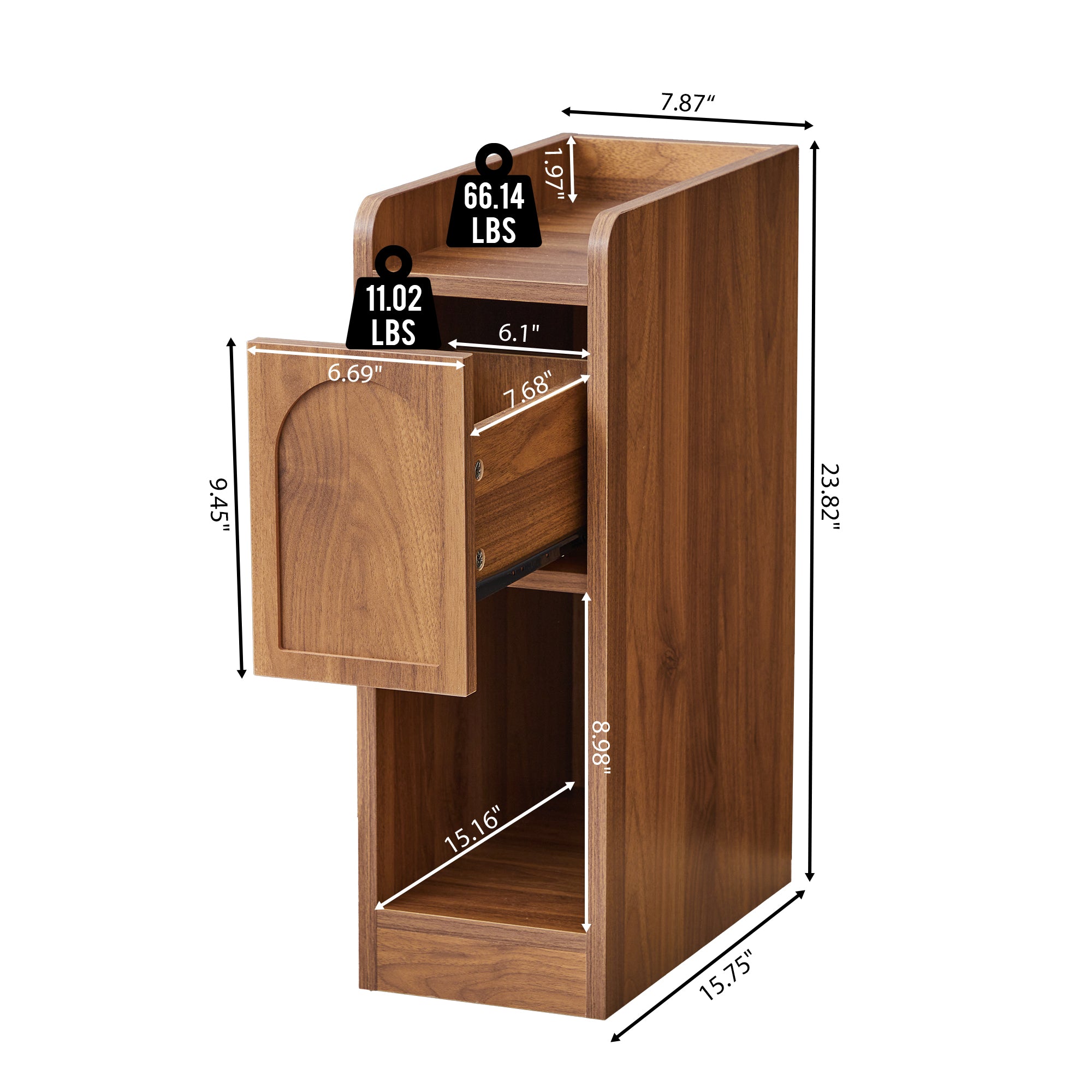 7.87" Ultra Narrow Nightstand Set of 2 with Drawer and Open Shelf, Arched Pattern Design Bedside Table for Bedroom