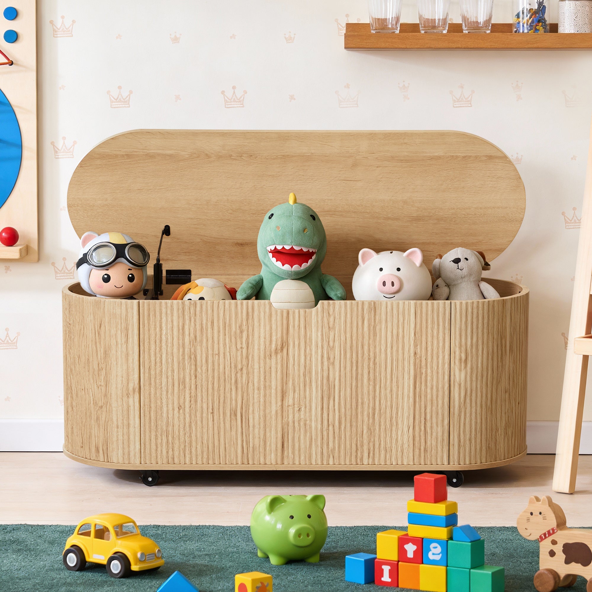 YOCWO Oval Storage Bench with Flip Top and Wheels, Fluted Wave Entryway Bench with Storage End of Bed Bench for Bedroom& Living Room