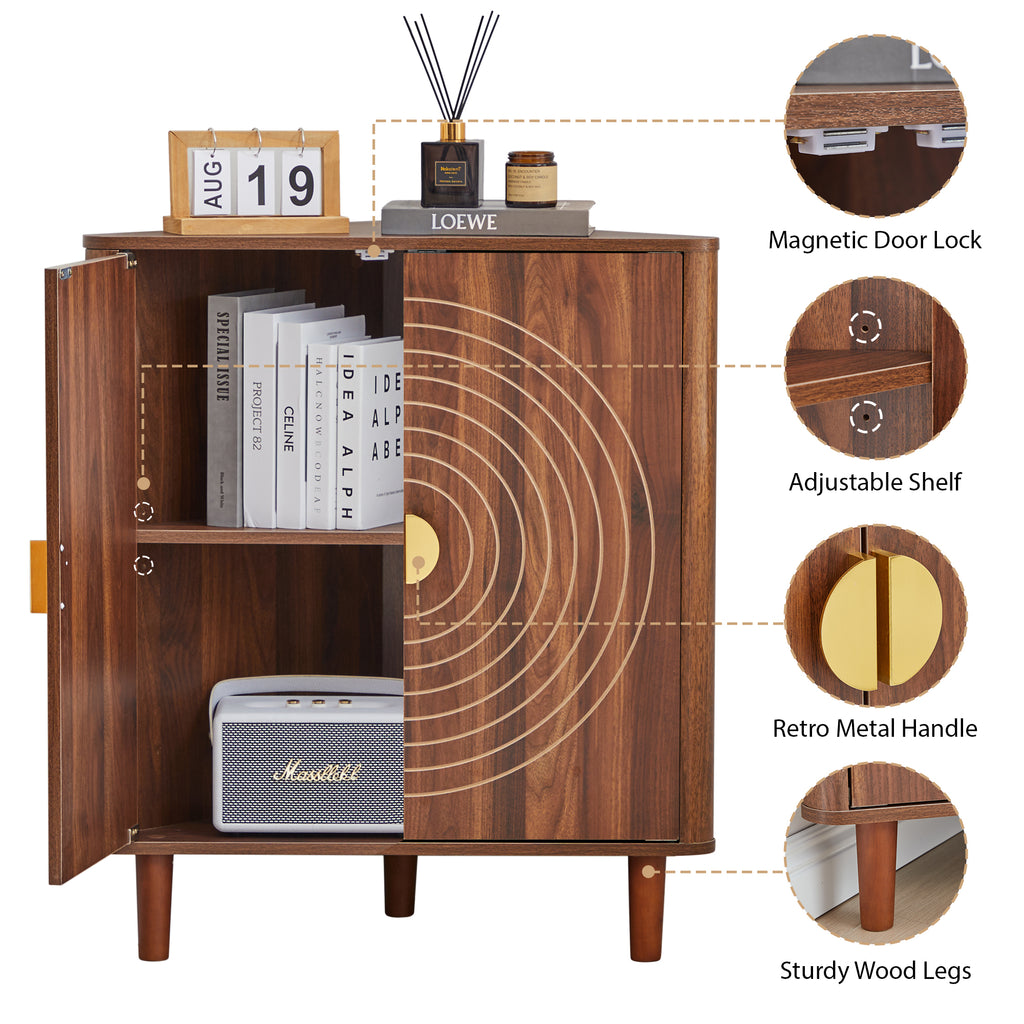 YOCWO Corner Storage Cabinet with Doors, Triangle Wood Floor Freestanding Storage Cabinet with Round Carved Line for Living Room, Bathroom, Kitchen