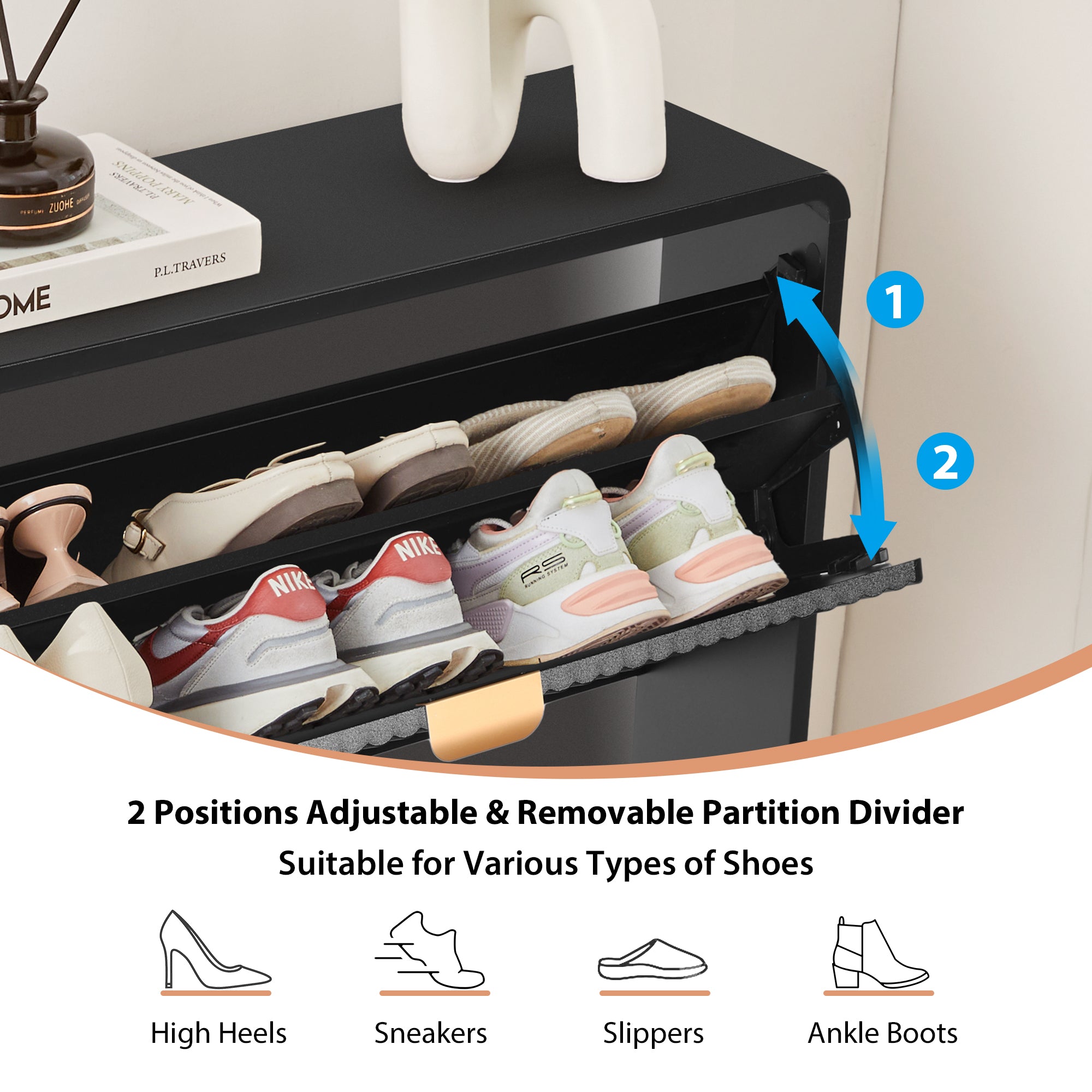 YOCWO Fluted Shoe Storage Cabinet with 2 Flip Drawers, Modern Wood Shoe Rack Organizer, Freestanding Narrow Shoe Cabinet for Entryway Hallway