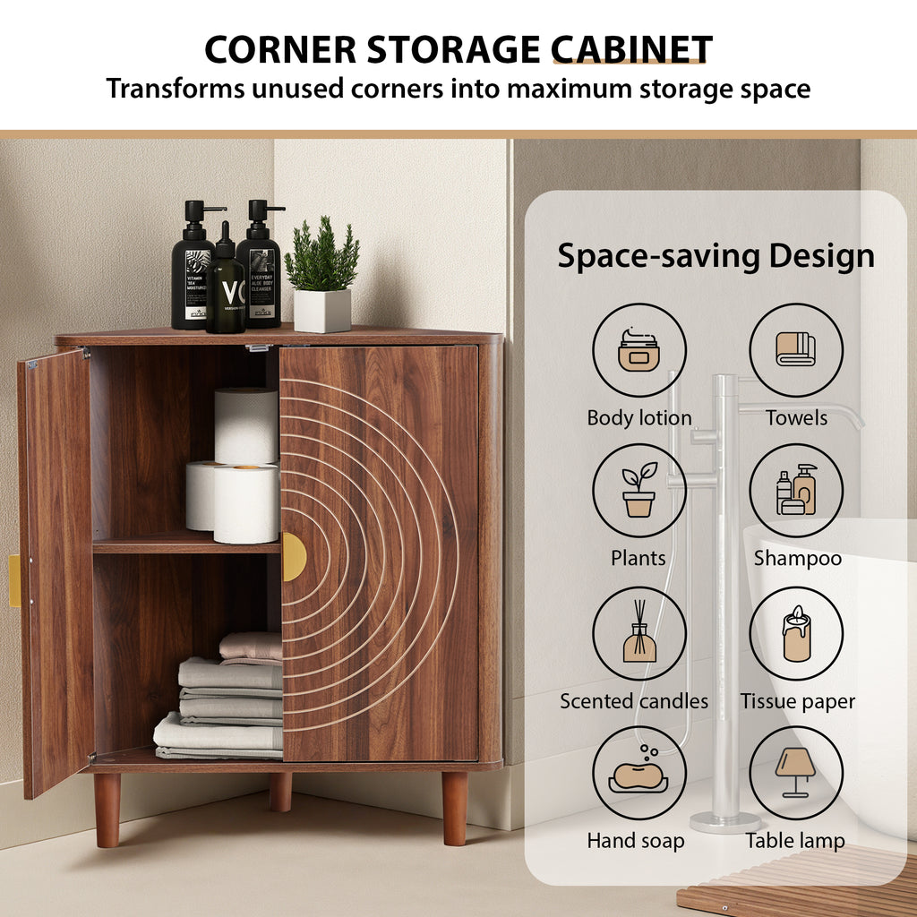 YOCWO Corner Storage Cabinet with Doors, Triangle Wood Floor Freestanding Storage Cabinet with Round Carved Line for Living Room, Bathroom, Kitchen