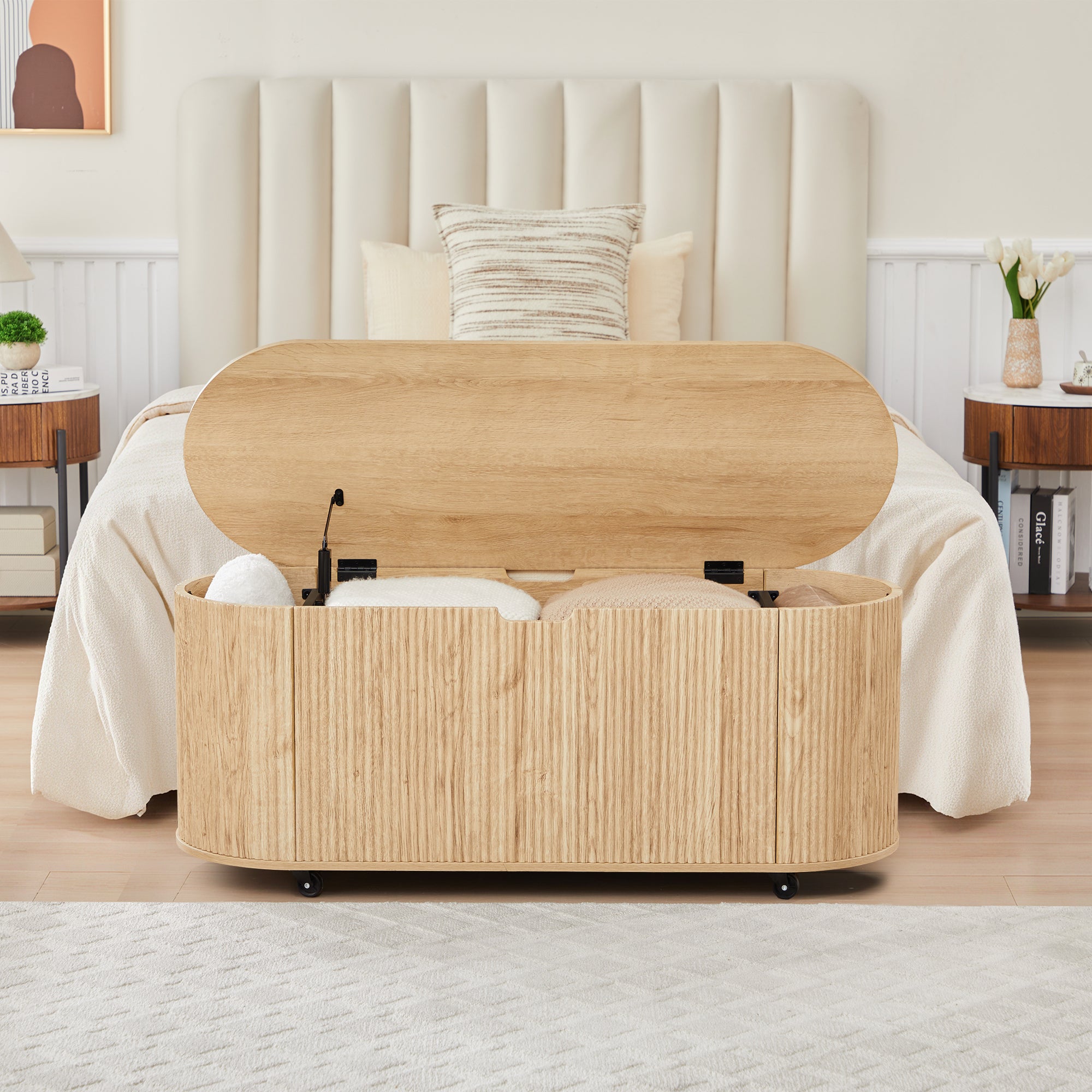 YOCWO Oval Storage Bench with Flip Top and Wheels, Fluted Wave Entryway Bench with Storage End of Bed Bench for Bedroom& Living Room