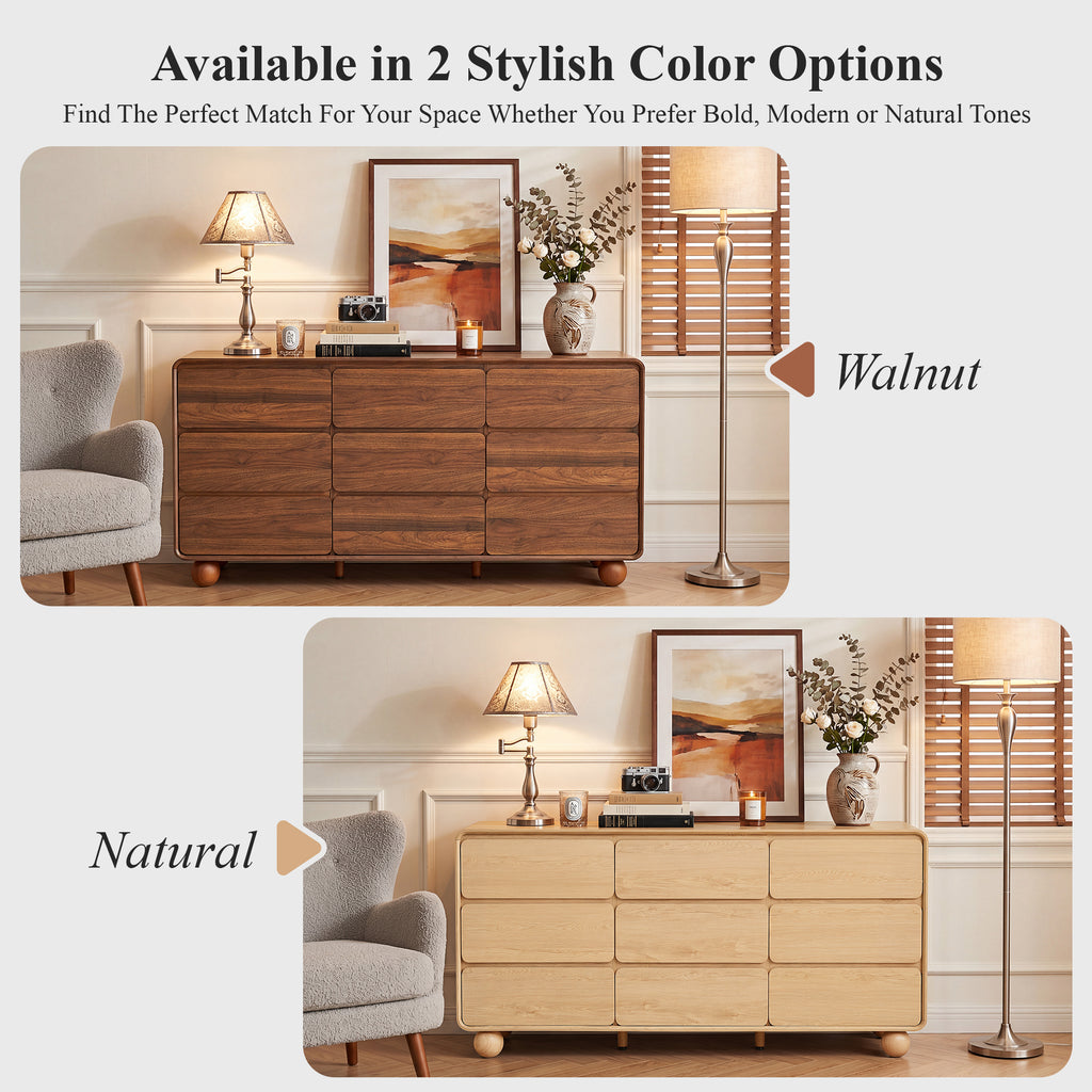 YOCWO 9 Drawer Dresser for Bedroom, Mid Century Chest of Drawers with Arc Edge and Round Leg, Wood Storage Large Dresser Organizer for Bedroom Living Room Hallway Closet