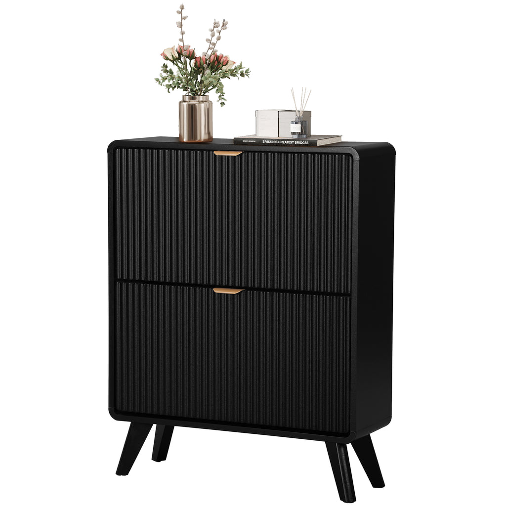 YOCWO Fluted Shoe Storage Cabinet with 2 Flip Drawers, Modern Wood Shoe Rack Organizer, Freestanding Narrow Shoe Cabinet for Entryway Hallway