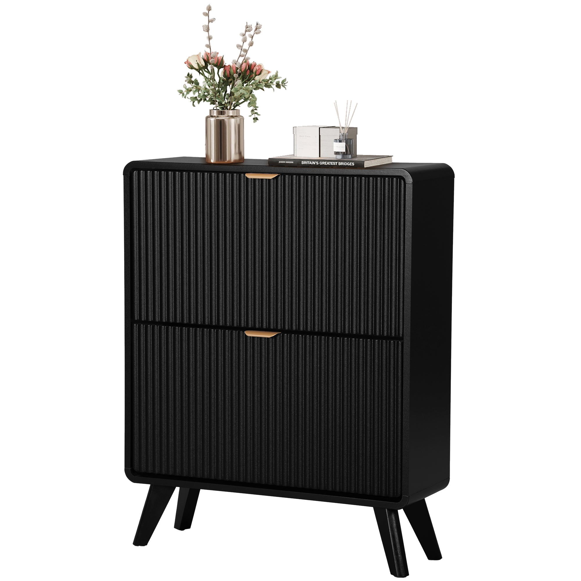 YOCWO Fluted Shoe Storage Cabinet with 2 Flip Drawers, Modern Wood Shoe Rack Organizer, Freestanding Narrow Shoe Cabinet for Entryway Hallway