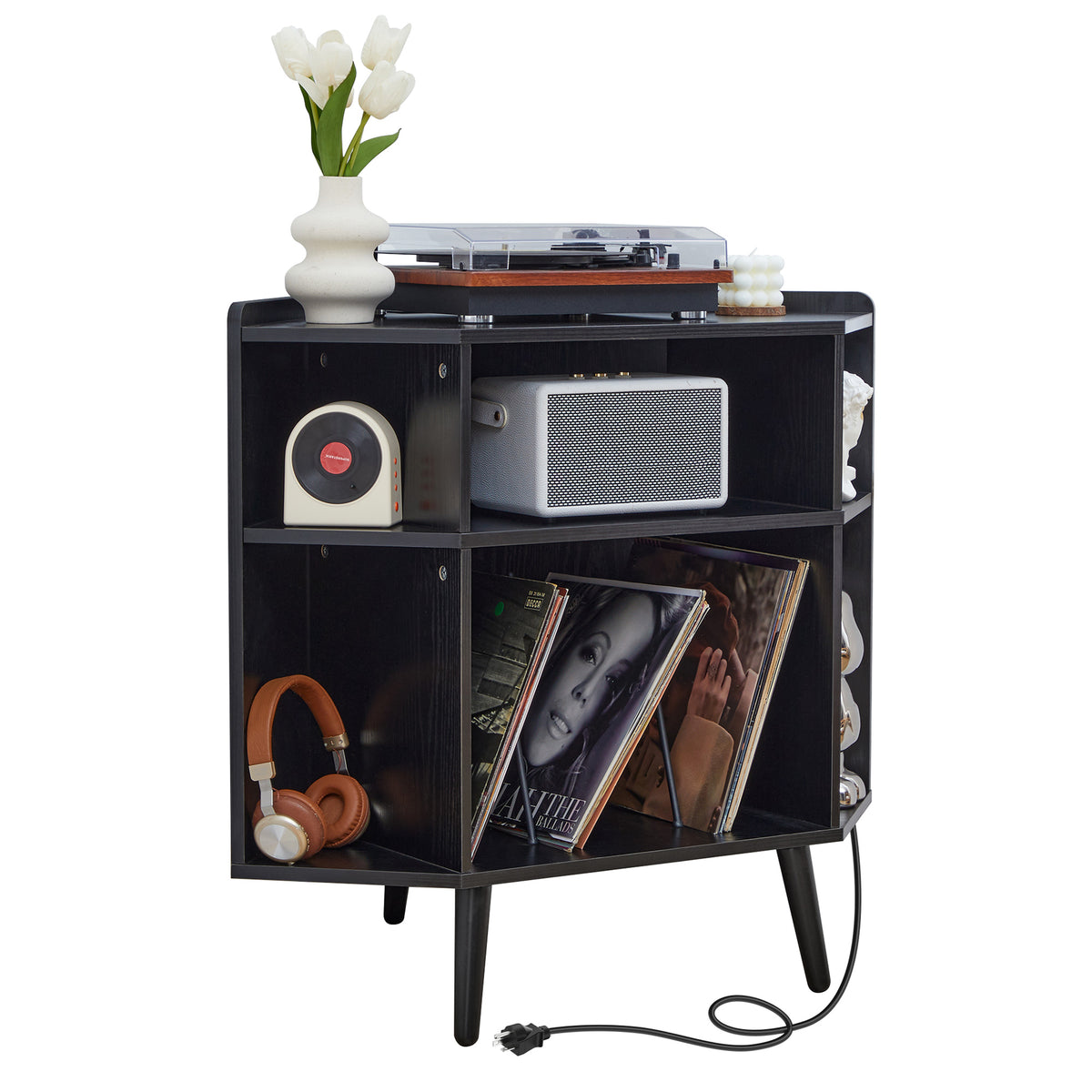 YOCWO Triangle Record Player Stand with Charging Station, Turntable Stand Table Holds Max 200 Albums, Corner Vinyl Record Storage Cabinet with Wood Legs for Living Room Bedroom Office