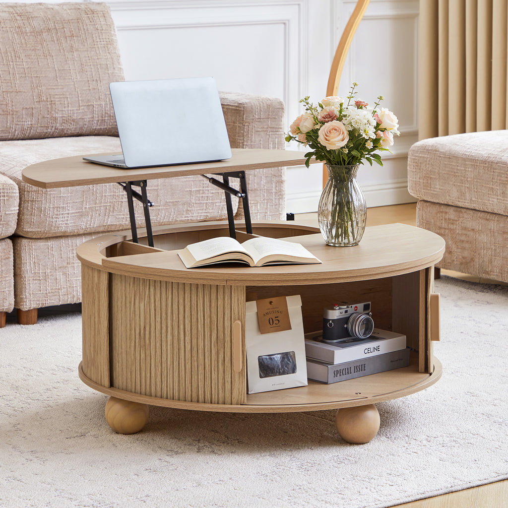 YOCWO Lift Top Coffee Table with Sliding Door and Round Leg, Fluted Round Coffee Table with Hidden Compartments Storage for Living Room