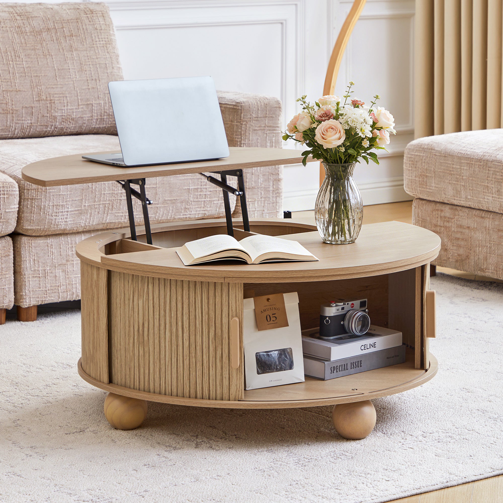 YOCWO Lift Top Coffee Table with Sliding Door and Round Leg, Fluted Round Coffee Table with Hidden Compartments Storage for Living Room