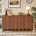 YOCWO Sideboard and Buffets with Wave Carved Line Design, Mid Century Buffet Storage Cabinet with 4 Doors and Adjustable Shelves, Accent Cabinet for Living Room Kitchen Entryway, Walnut