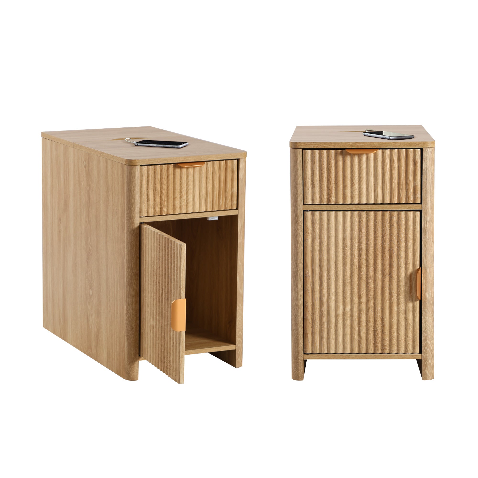 YOCWO Fluted Narrow Nightstand Set of 2 with Charging Station for Bedroom, Wood End Table with Drawer and Door for Living Room