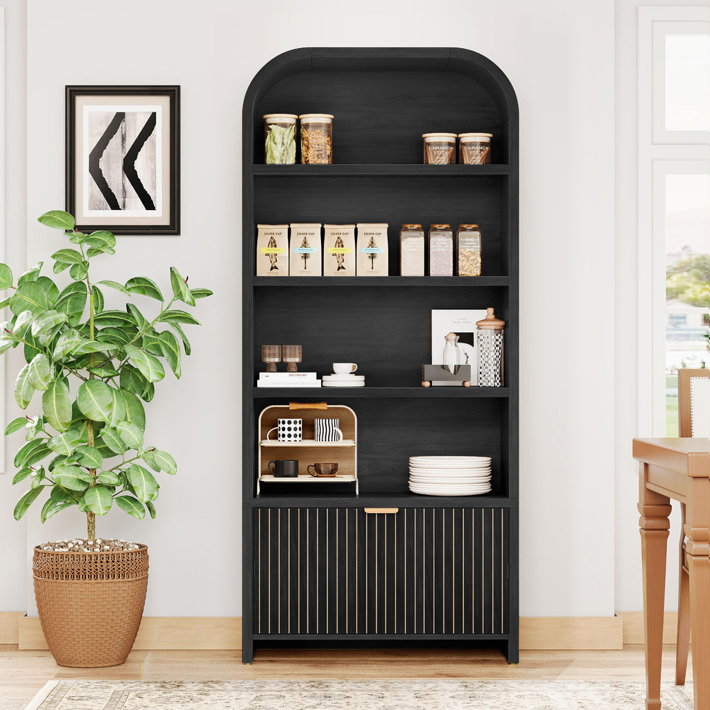 70" Tall Arched Bookcases with 1 Large Drawers & 4 Shelves, Wooden Bookshelf with Carved Line and Curved Top for Living Room Office