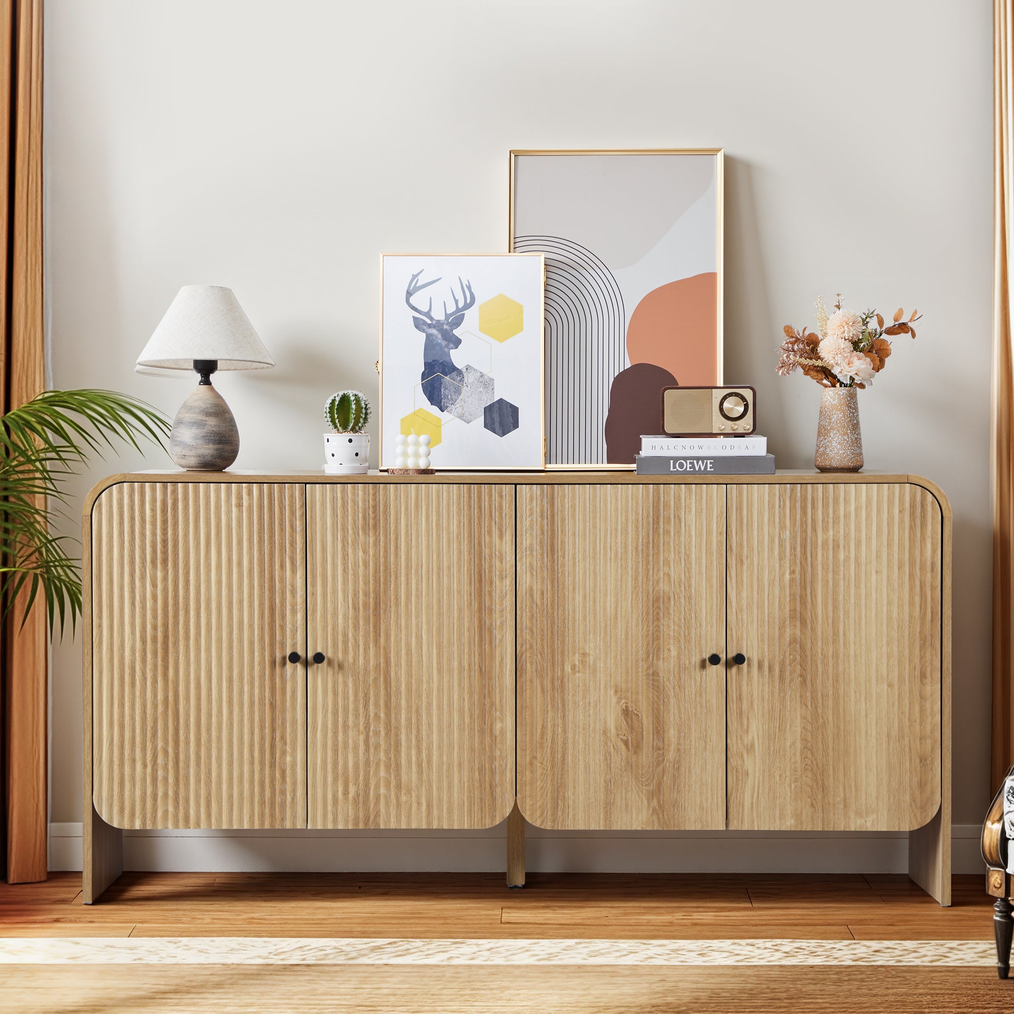 YOCWO Fluted Sideboard and Buffets, Buffet Storage Cabinet with 4 Doors and Adjustable Shelves, Accent Cabinet for Living Room Kitchen Entryway