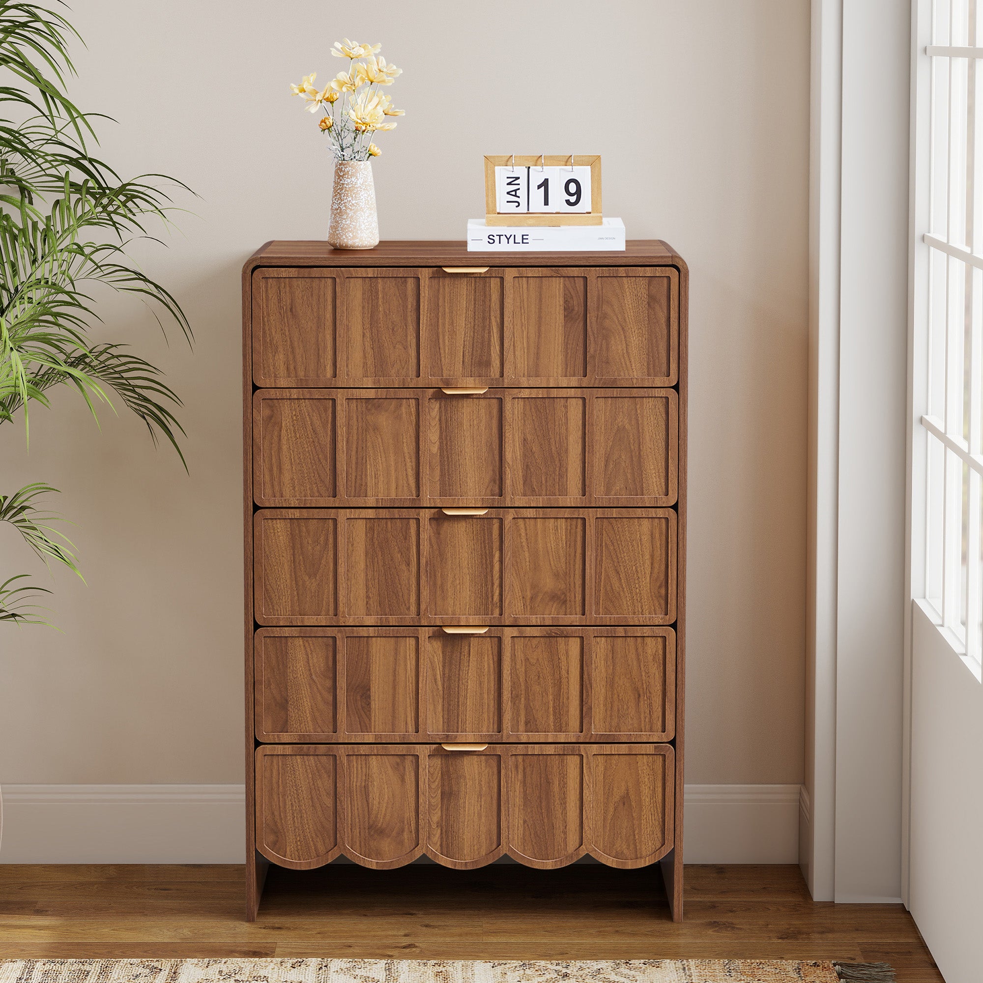 YOCWO 5 Drawer Dresser with Wave Panel, Mid Century Tall Storage Dresser Chest of Drawer for Bedroom