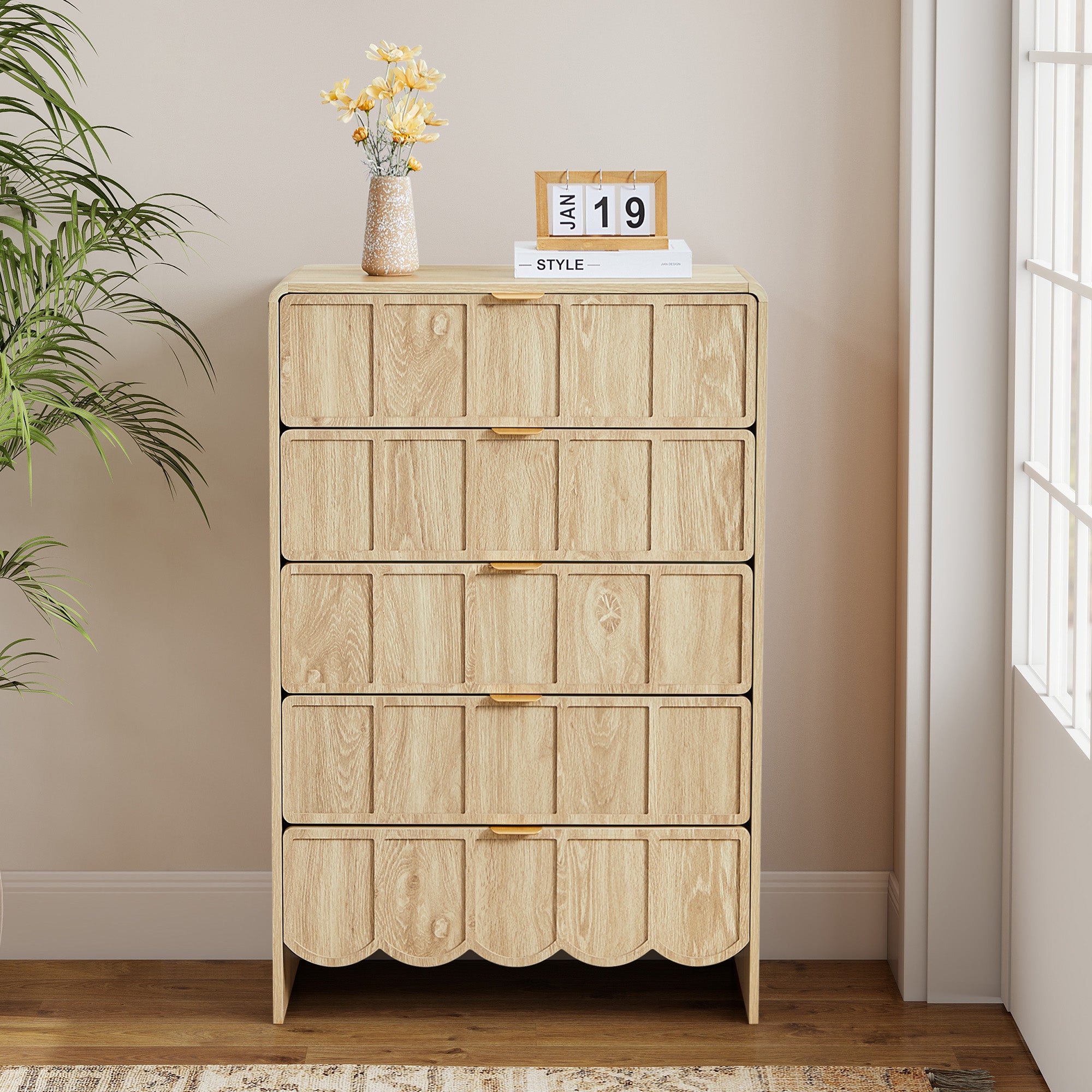 YOCWO 5 Drawer Dresser with Wave Panel, Mid Century Tall Storage Dresser Chest of Drawer for Bedroom
