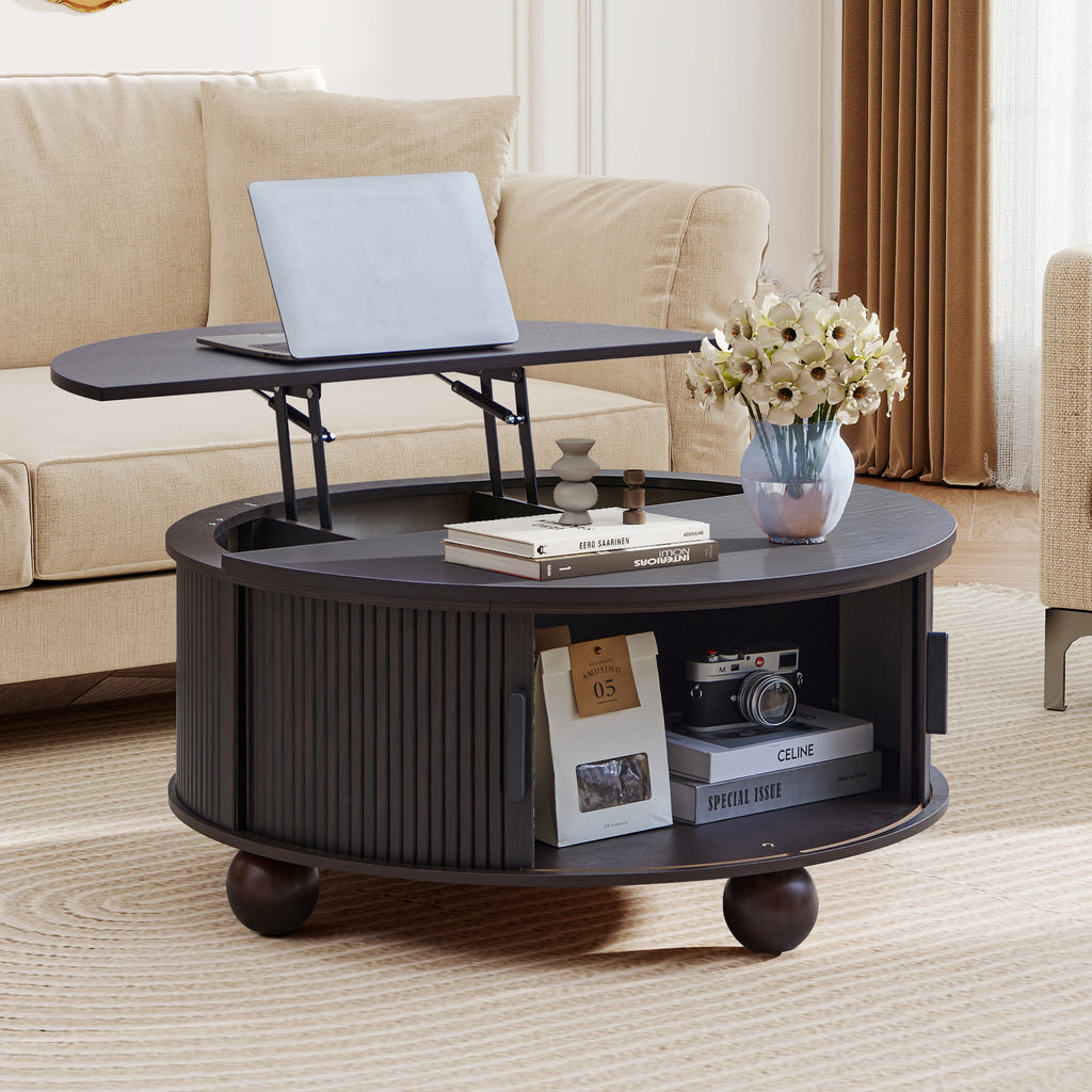 YOCWO Lift Top Coffee Table with Sliding Door and Round Leg, Fluted Round Coffee Table with Hidden Compartments Storage for Living Room