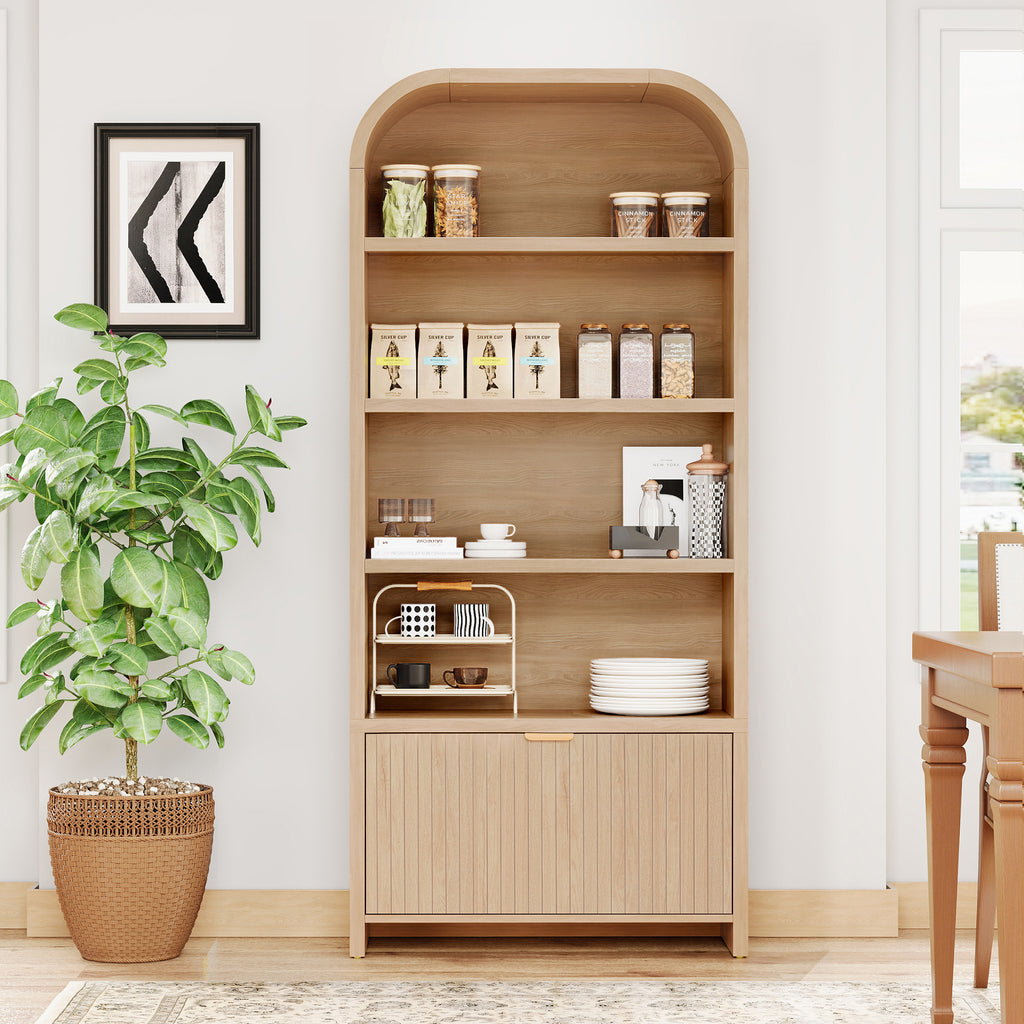 70" Tall Arched Bookcases with 1 Large Drawers & 4 Shelves, Wooden Bookshelf with Carved Line and Curved Top for Living Room Office