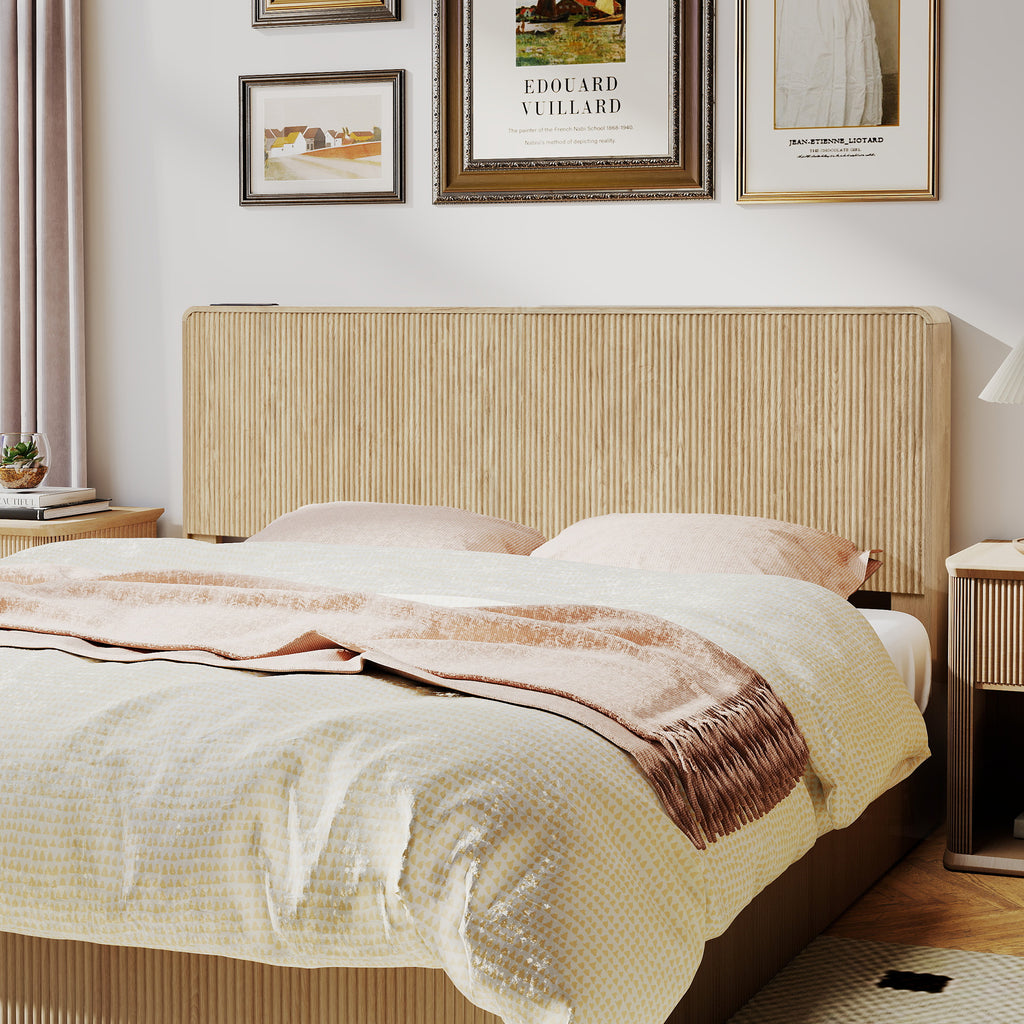 YOCWO Headboard for King Size Bed with Charging Station, Fluted Grooved Panel Head Board with Rounded Corners, Walnut, Headboard Only(Bed Frame Not Included)