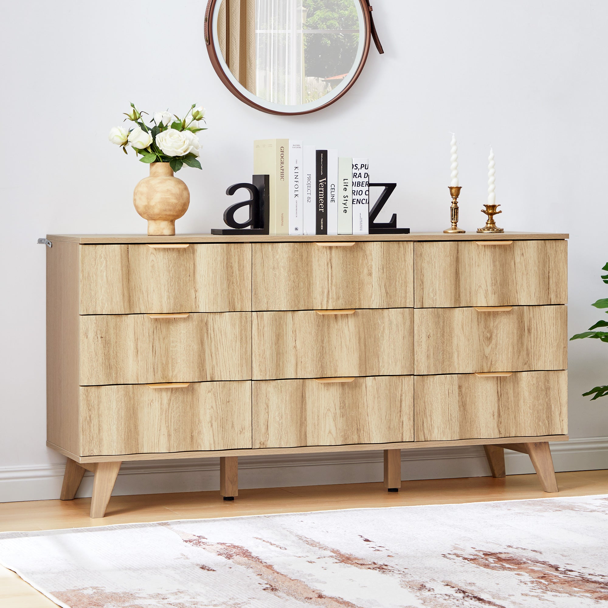 YOCWO 57" Wide 9 Drawer Dresser with Big Wave Pattern for Living Room Bedroom, Mid-Century Wood Large Chest of Drawer with Waveform Fluted Panel