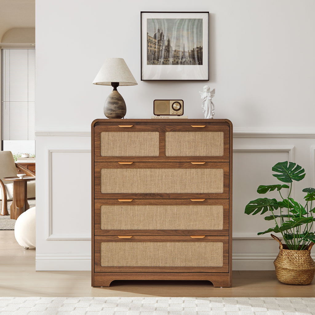 YOCWO Farmhouse 4 Drawer Linen Dresser for Bedroom, Chest of Drawers with Curved Edge, Wood Storage Large Dresser Organizer for Bedroom Living Room Hallway Closet