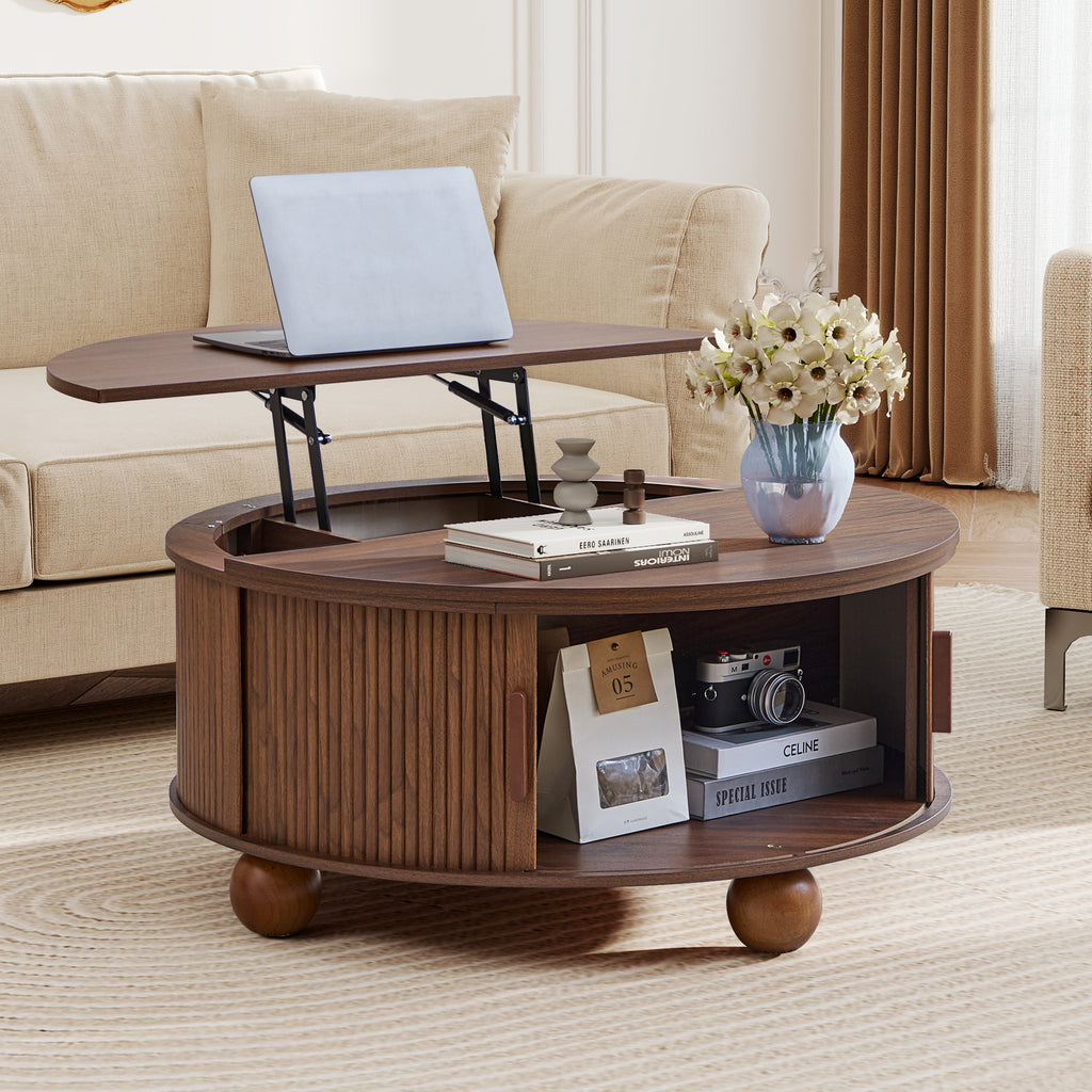 YOCWO Lift Top Coffee Table with Sliding Door and Round Leg, Fluted Round Coffee Table with Hidden Compartments Storage for Living Room