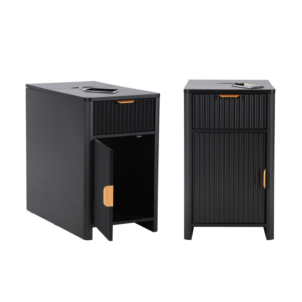 YOCWO Fluted Narrow Nightstand Set of 2 with Charging Station for Bedroom, Wood End Table with Drawer and Door for Living Room
