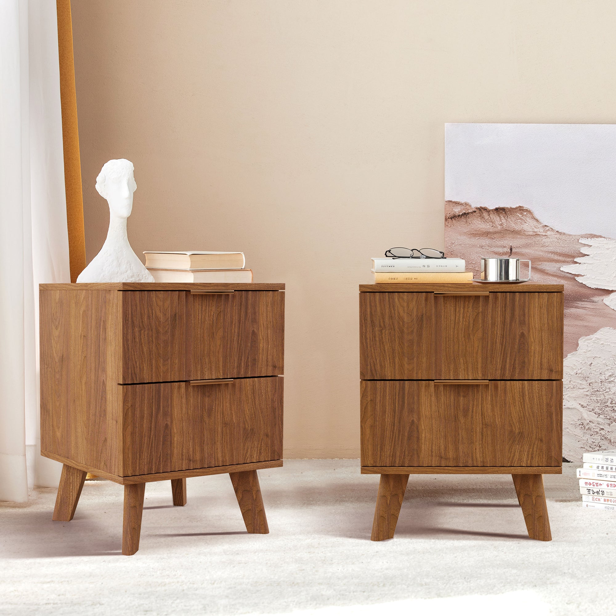Fluted Nightstand for Bedroom Set of 2 , Wood Bedside Table Set of 2 with Drawers