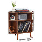 YOCWO Triangle Record Player Stand with Charging Station, Turntable Stand Table Holds Max 200 Albums, Corner Vinyl Record Storage Cabinet with Wood Legs for Living Room Bedroom Office