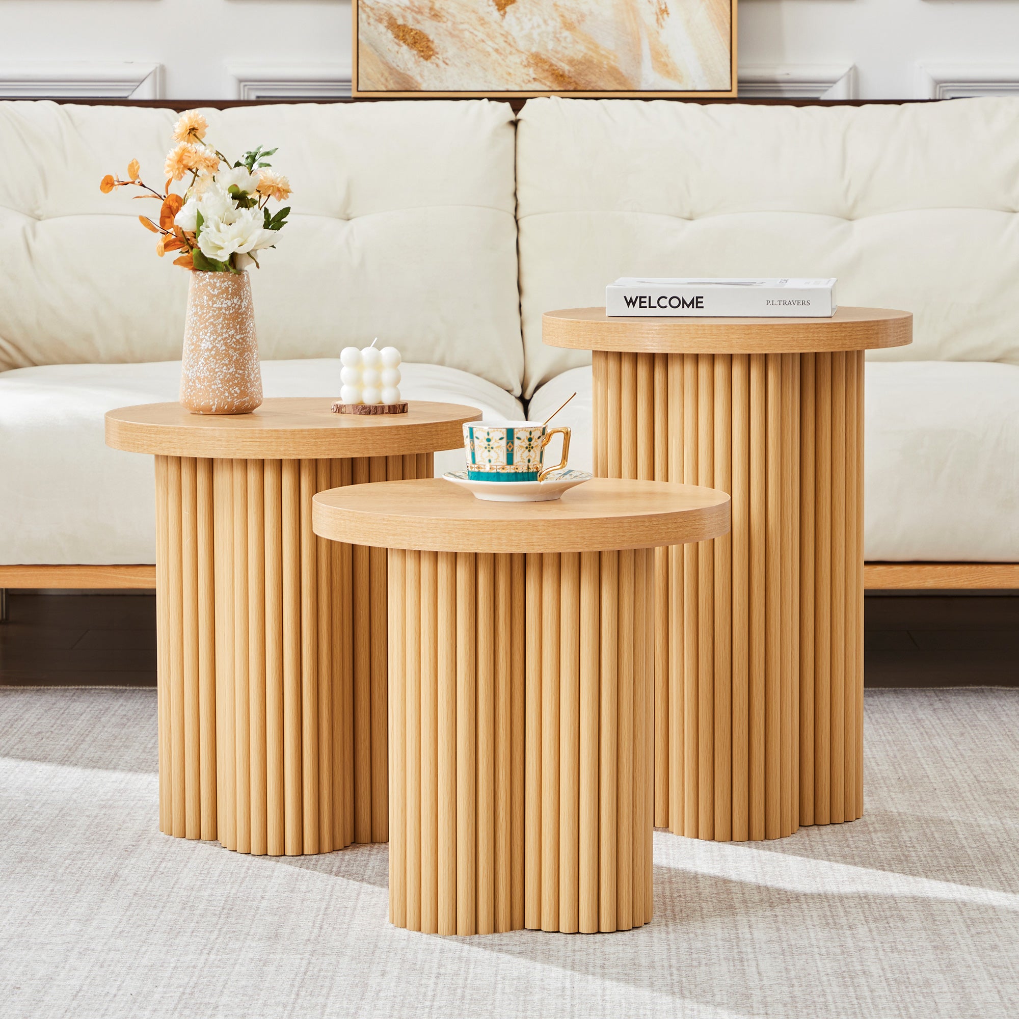 YOCWO 3 Pieces Round End Table with Fluted Plum Leg, Mid Century Modern Coffee Table Set of 3