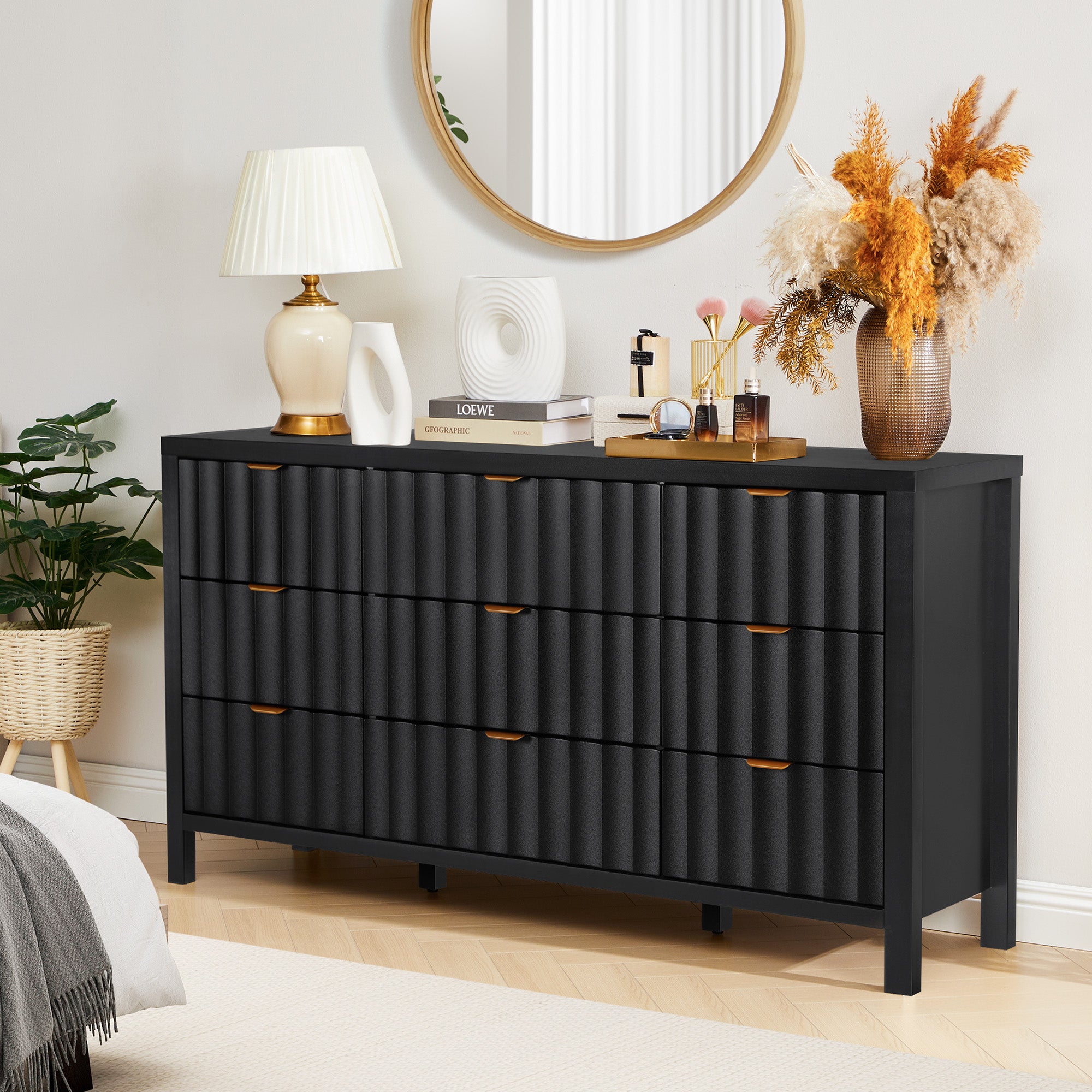 YOCWO 58.5" Wide 9 Drawer Dresser with Wave Fluted, Mid Century Storage Dresser Chest of Drawer for Bedroom