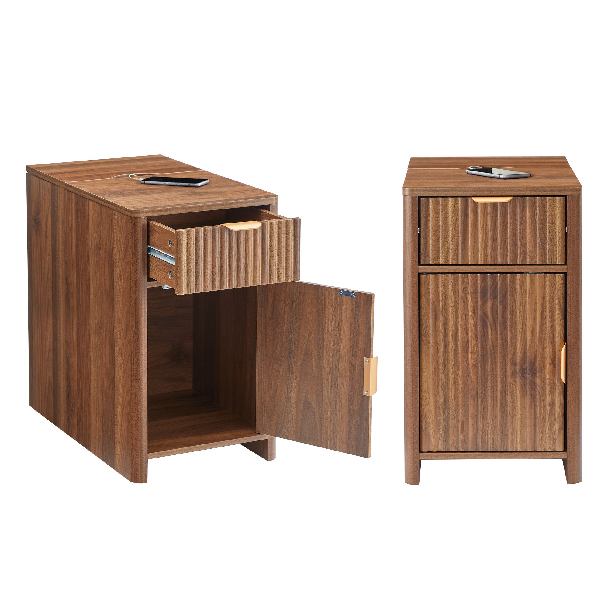 YOCWO Fluted Narrow Nightstand Set of 2 with Charging Station for Bedroom, Wood End Table with Drawer and Door for Living Room
