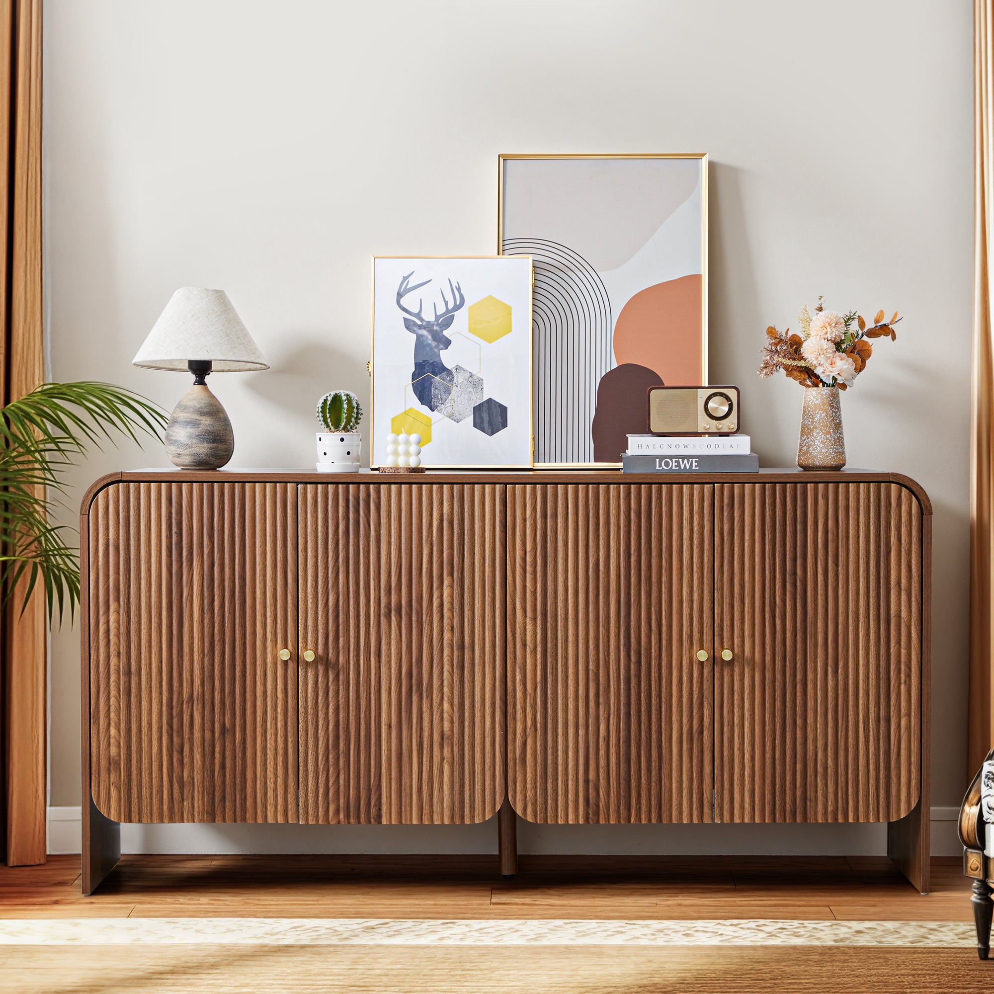 YOCWO Fluted Sideboard and Buffets, Buffet Storage Cabinet with 4 Doors and Adjustable Shelves, Accent Cabinet for Living Room Kitchen Entryway