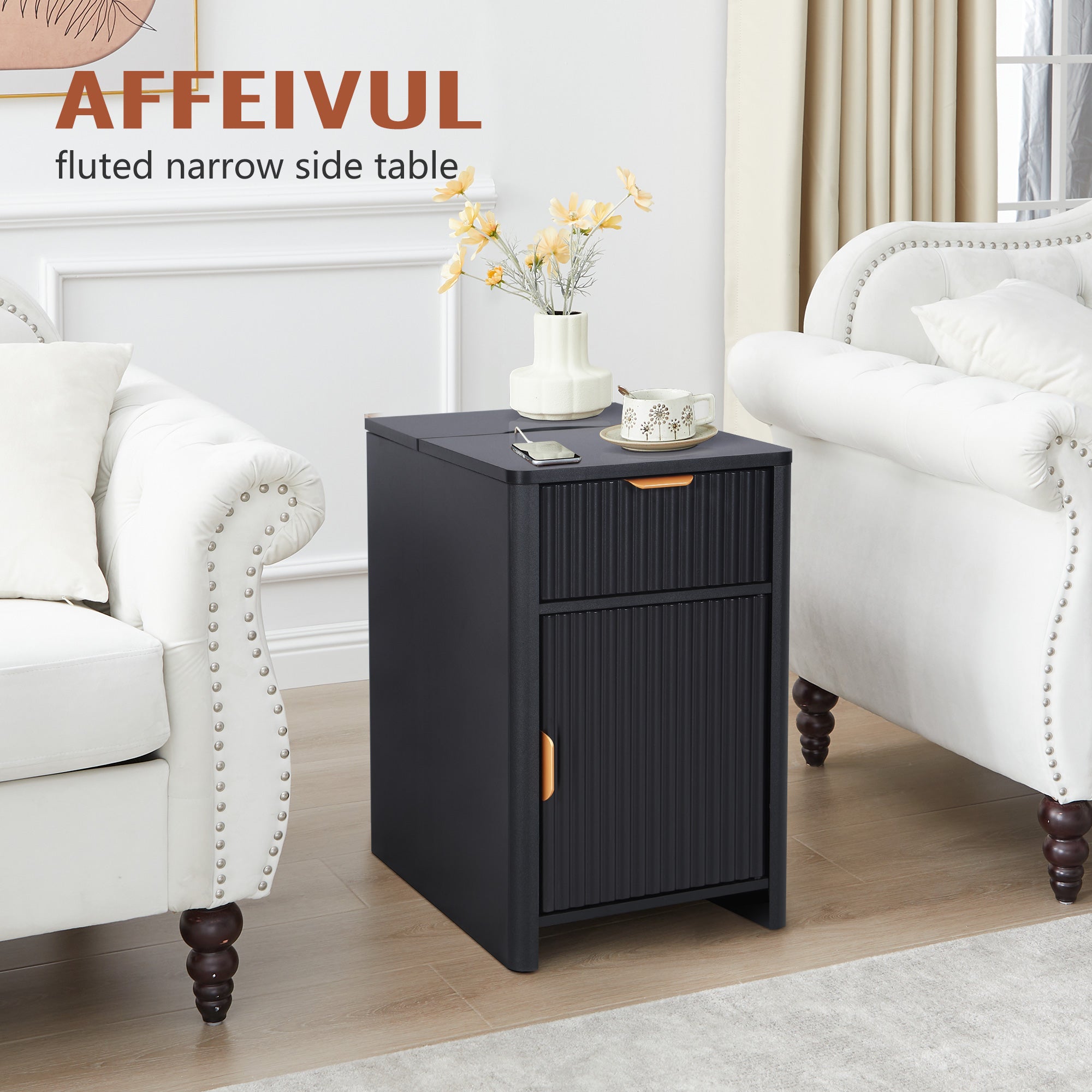 YOCWO Fluted Narrow Nightstand Set of 2 with Charging Station for Bedroom, Wood End Table with Drawer and Door for Living Room