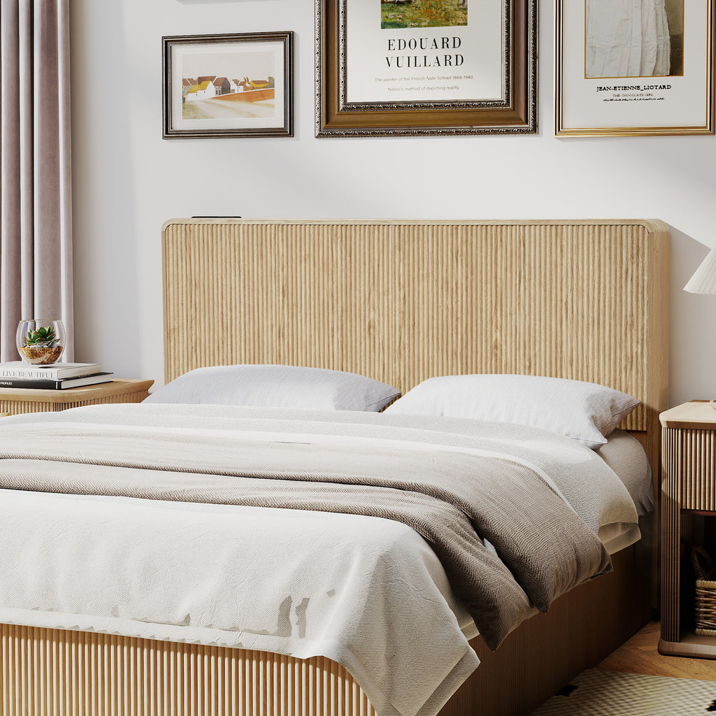 YOCWO Headboard for King Size Bed with Charging Station, Fluted Grooved Panel Head Board with Rounded Corners, Walnut, Headboard Only(Bed Frame Not Included)
