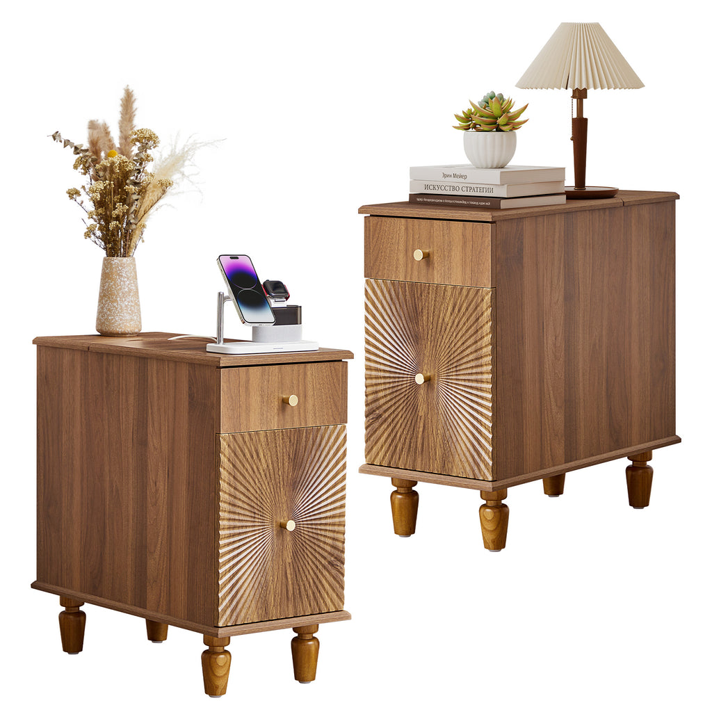 YOCWO Fluted Narrow Nightstand Set of 2 with Charging Station for Bedroom, Wood End Table with Drawer and Door for Living Room
