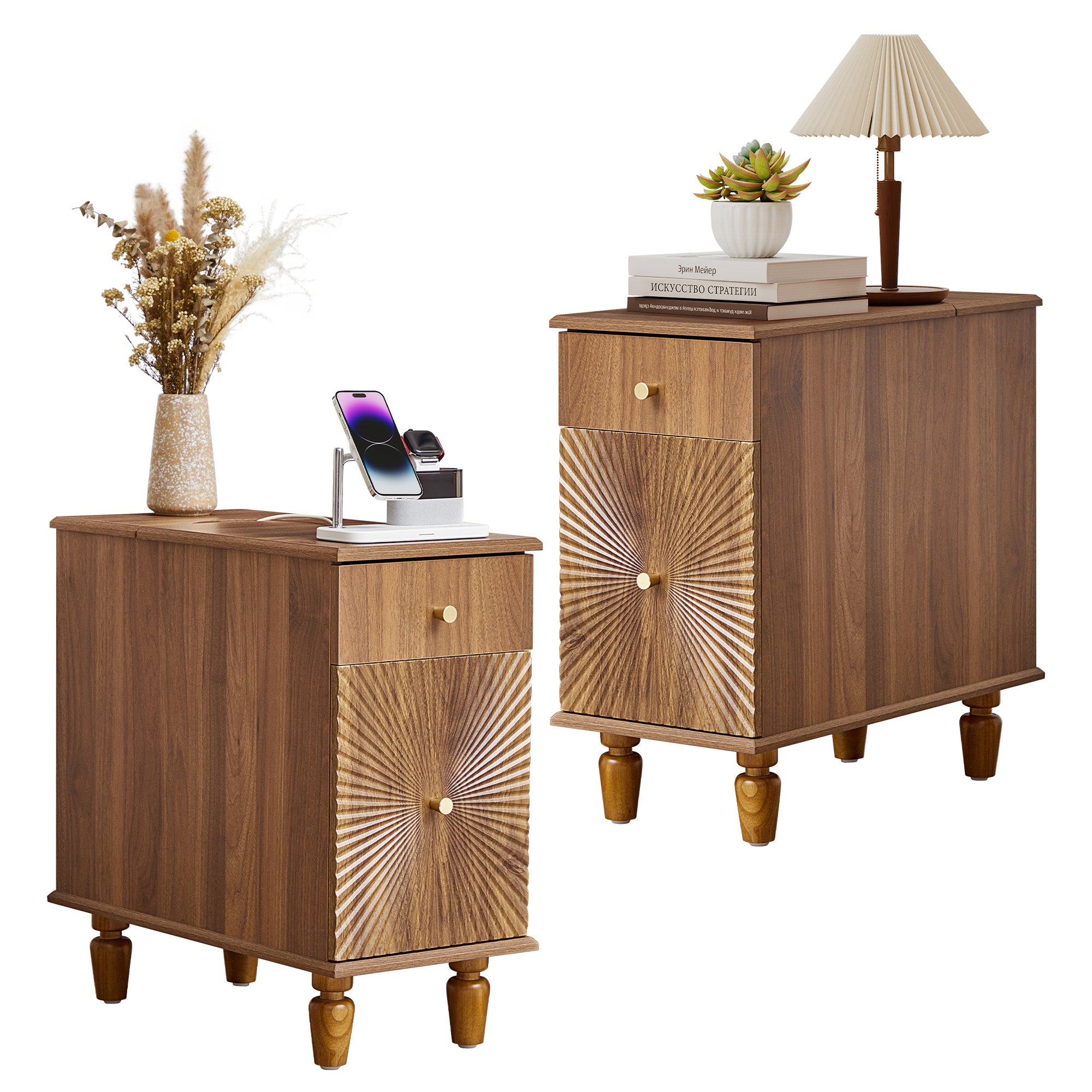 YOCWO Fluted Narrow Nightstand Set of 2 with Charging Station for Bedroom, Wood End Table with Drawer and Door for Living Room
