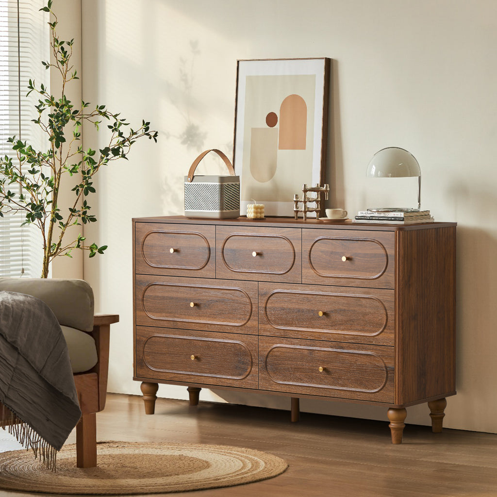 YOCWO 7 Drawer Fluted Dresser for Bedroom, Mid Century Chest of Drawers with Arc Edge, Wood Storage Large Dresser Organizer for Bedroom Living Room Hallway Closet