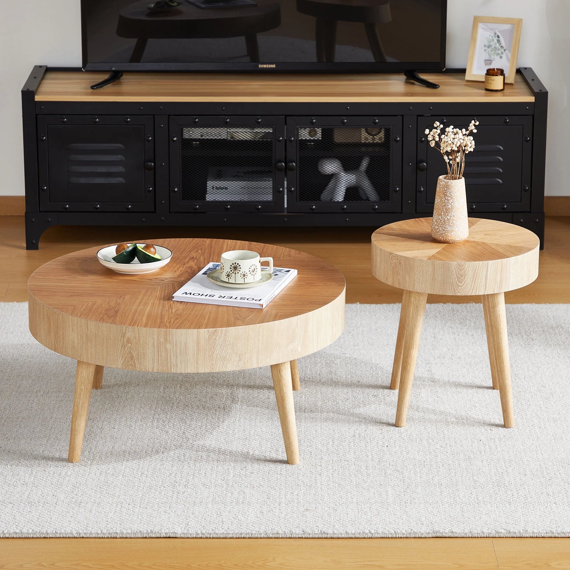 2-Piece Modern Round Coffee Table Set for Living Room, Faux Wood End Table