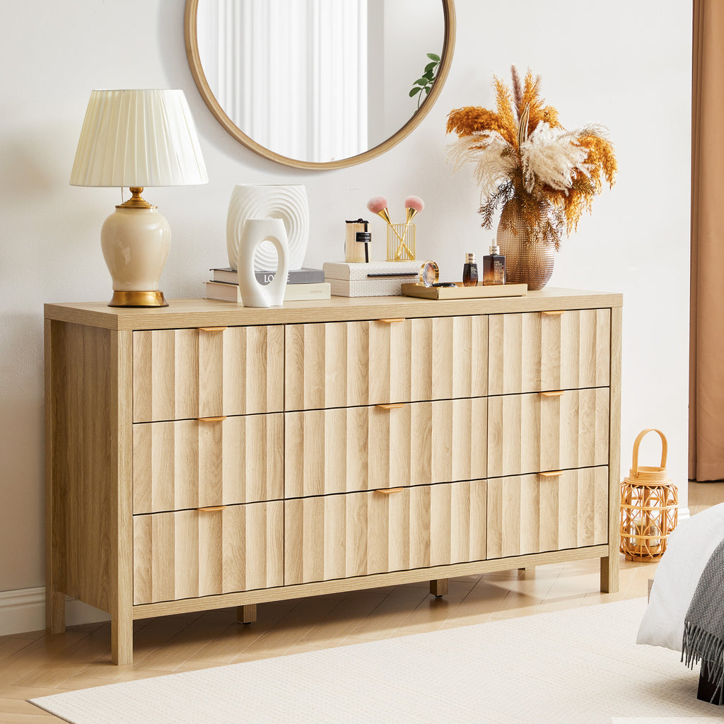 YOCWO 58.5" Wide 9 Drawer Dresser with Wave Fluted, Mid Century Storage Dresser Chest of Drawer for Bedroom